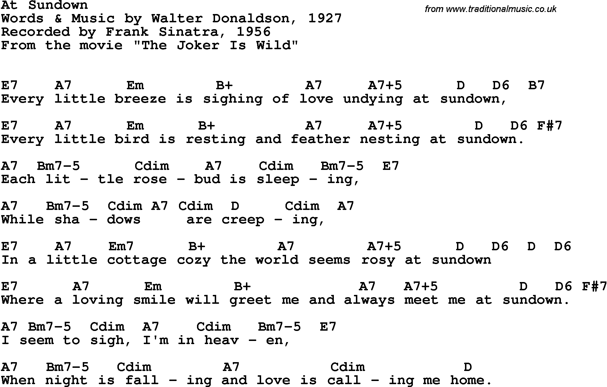 Song Lyrics with guitar chords for At Sundown - Frank Sinatra, 1956