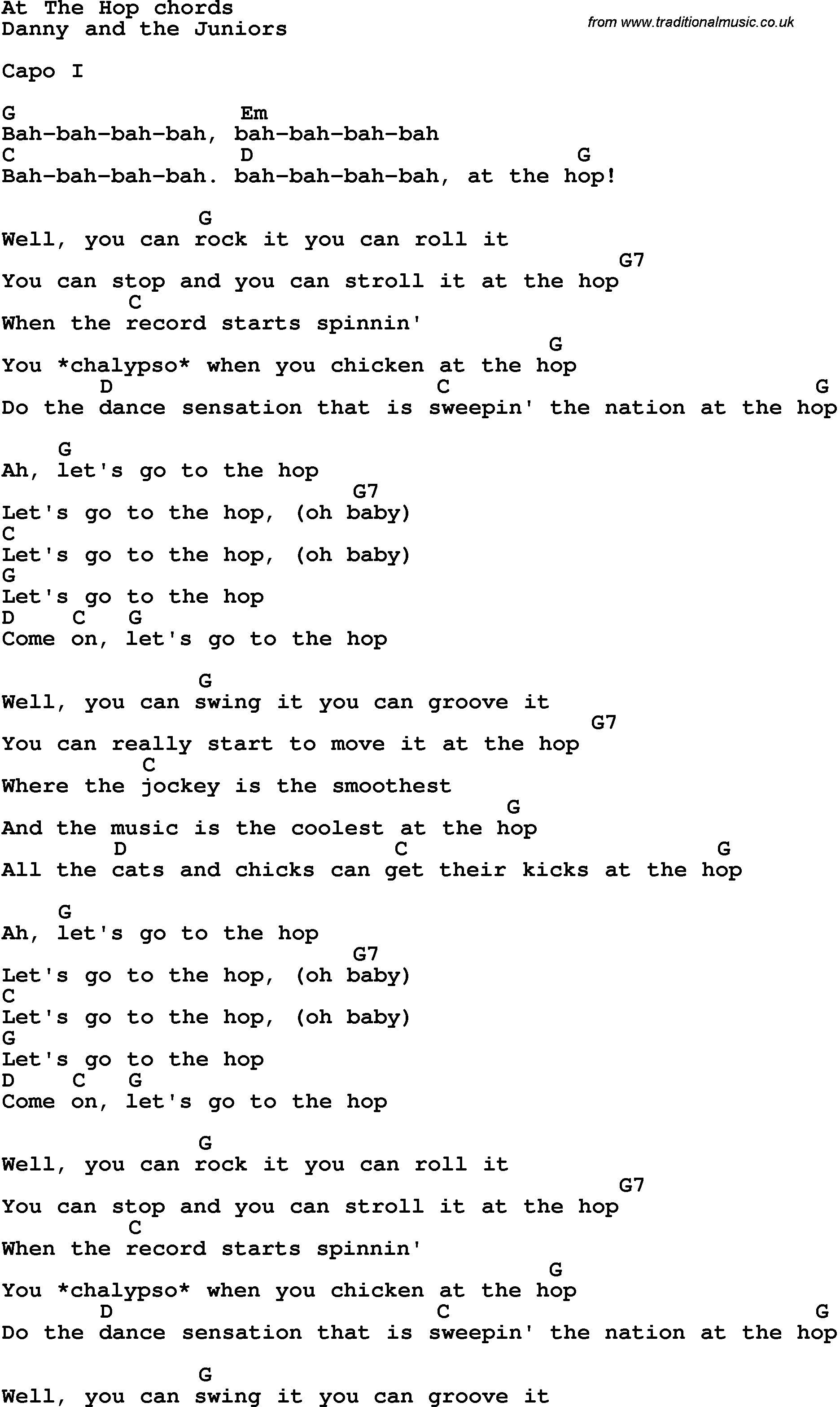 Song Lyrics with guitar chords for At The Hop