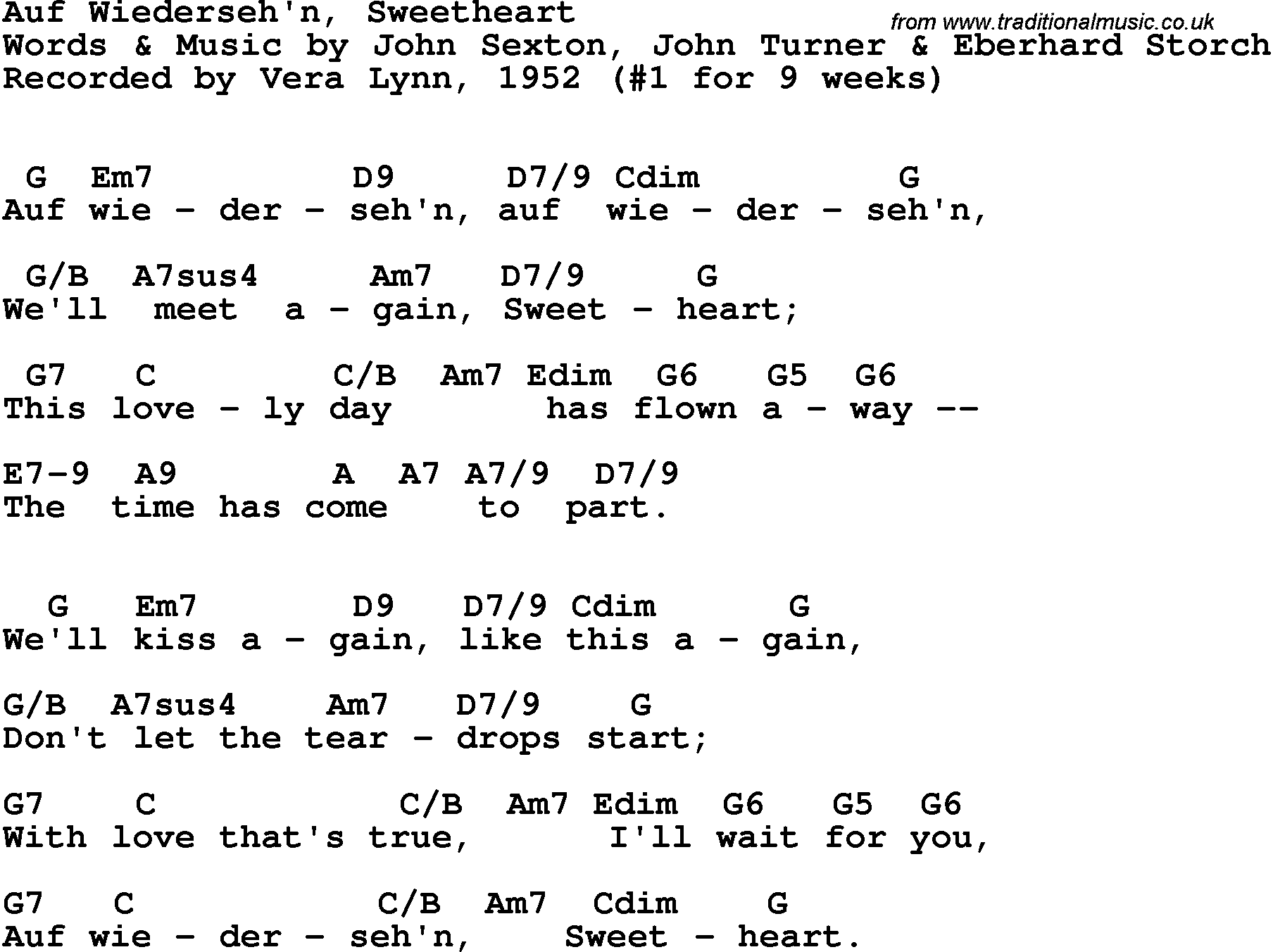 Song Lyrics with guitar chords for Aufweider Seh'n Sweetheart - Vera Lynn, 1952