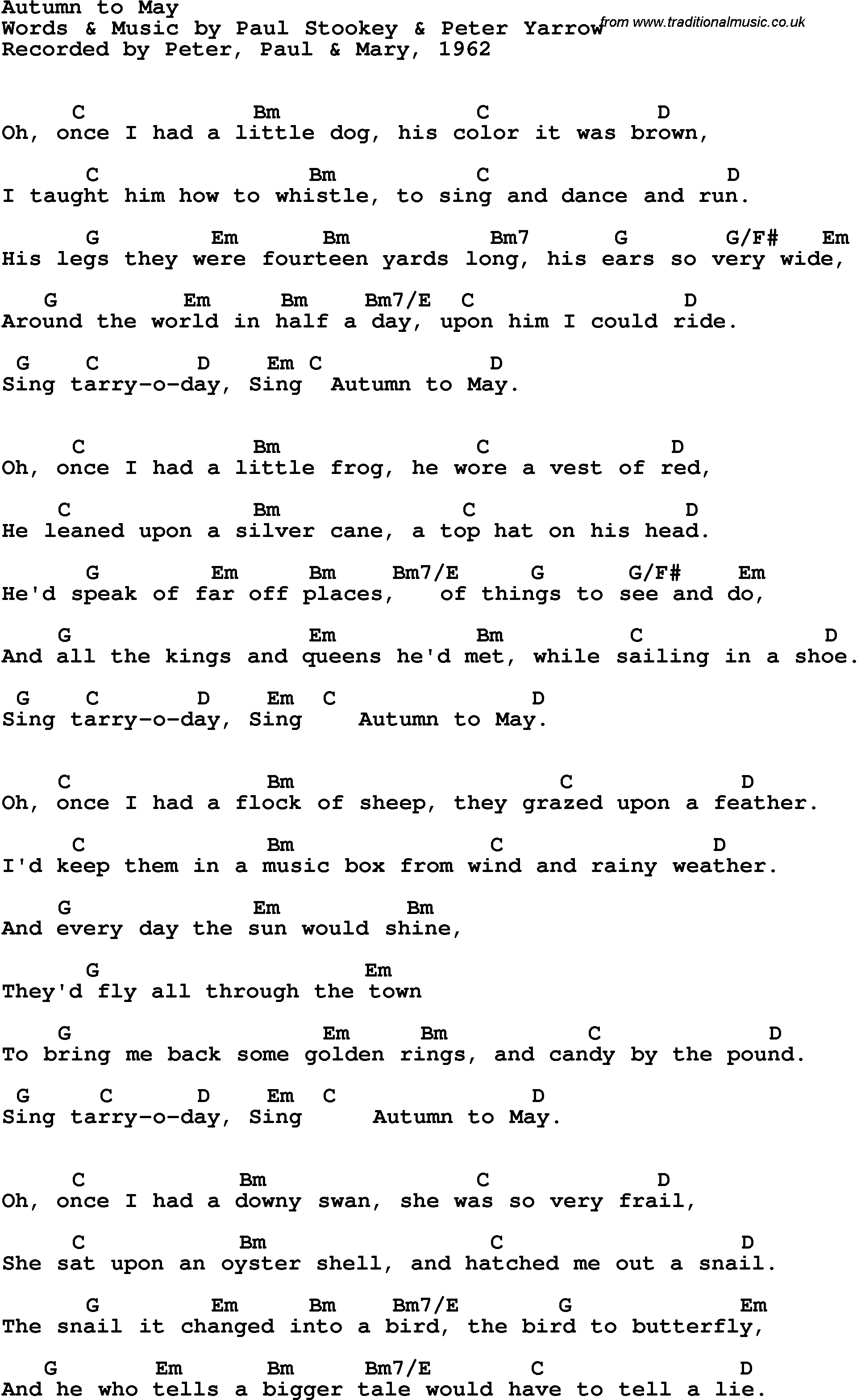 Song Lyrics with guitar chords for Autumn To May - Peter, Paul & Mary, 1962