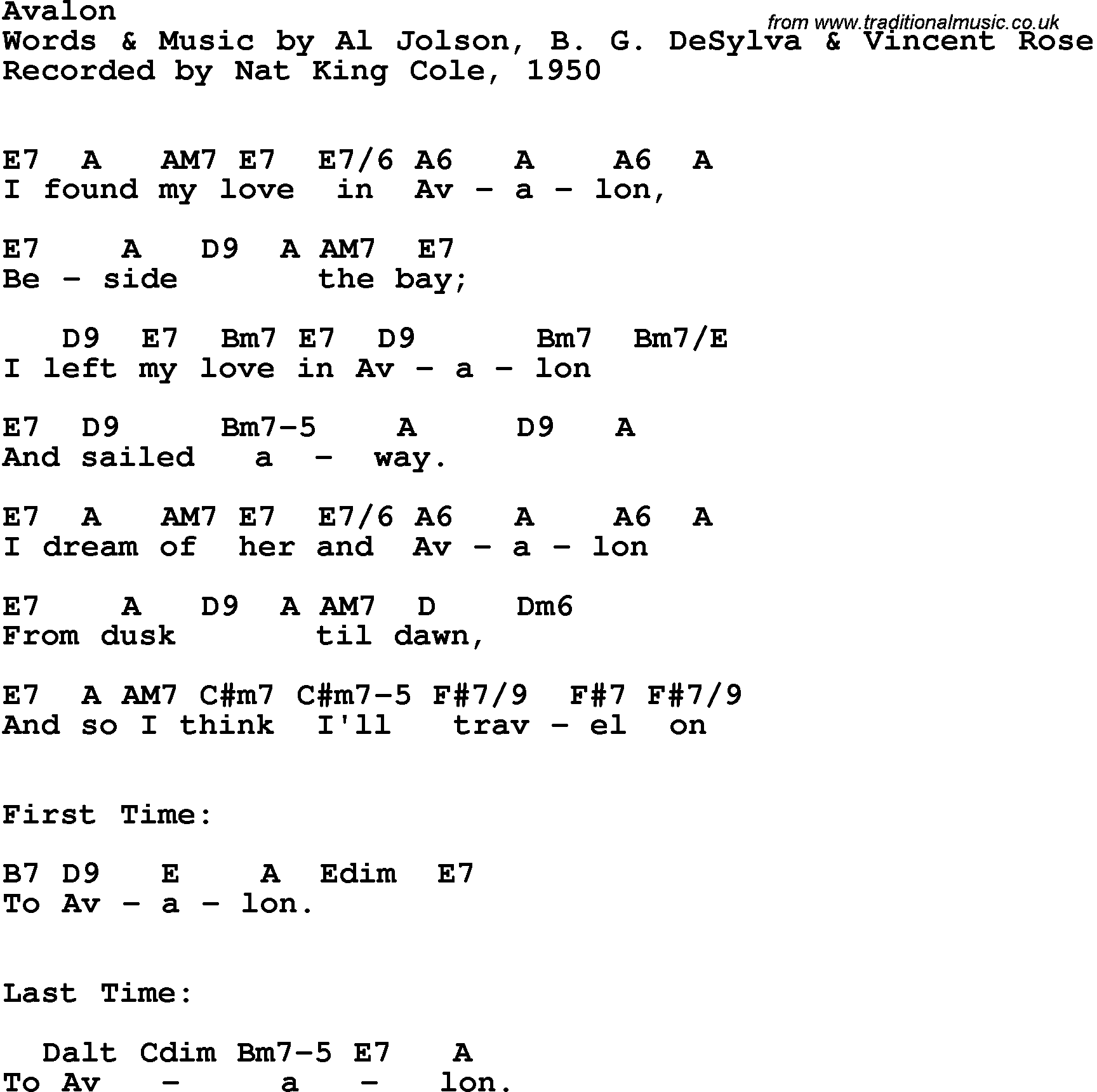 Song Lyrics with guitar chords for Avalon - Nat King Cole, 1950