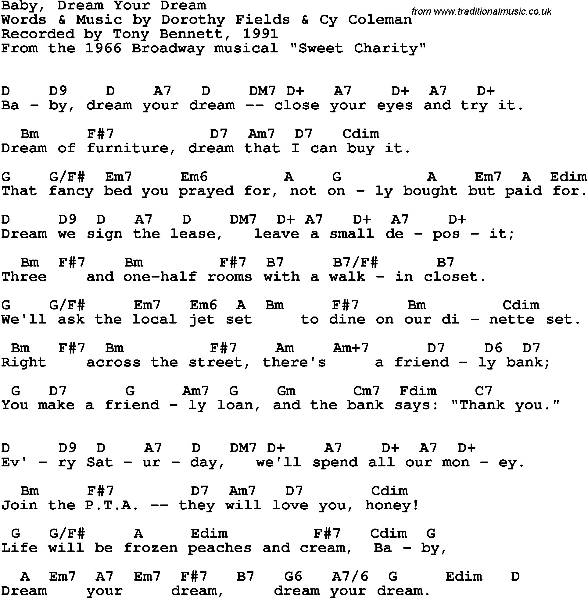 Song Lyrics with guitar chords for Baby Dream Your Dream - Tony Bennett, 1991