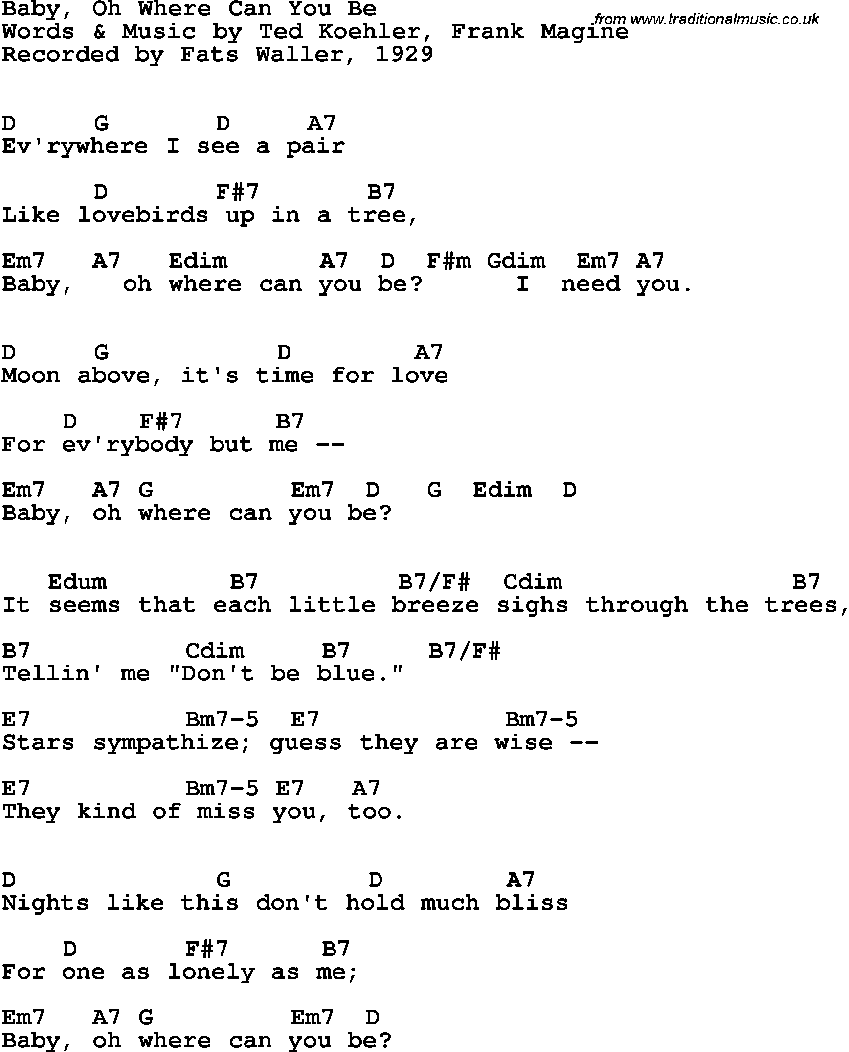 Song Lyrics with guitar chords for Baby, Oh Where Can You Be - Fats Waller, 1929