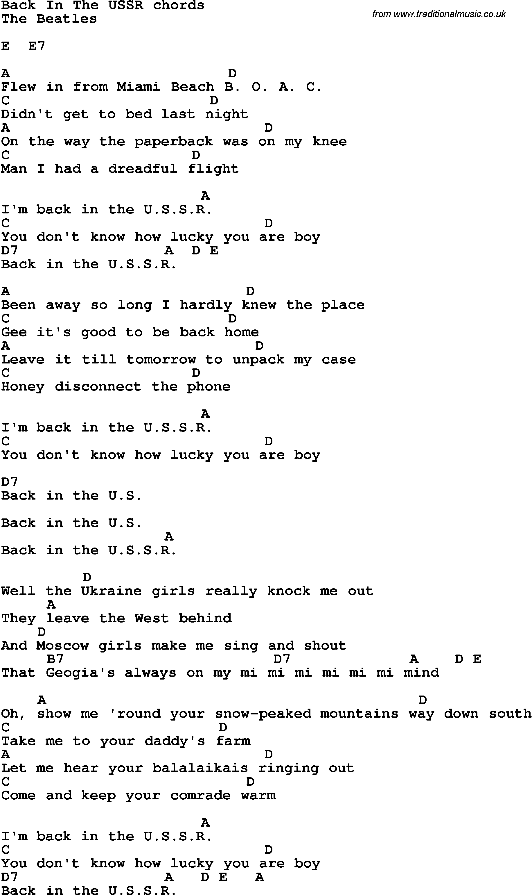 Song Lyrics with guitar chords for Back In The Ussr - The Beatles