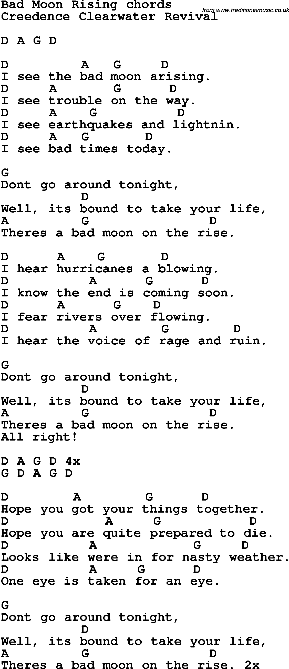 Song Lyrics with guitar chords for Bad Moon Rising