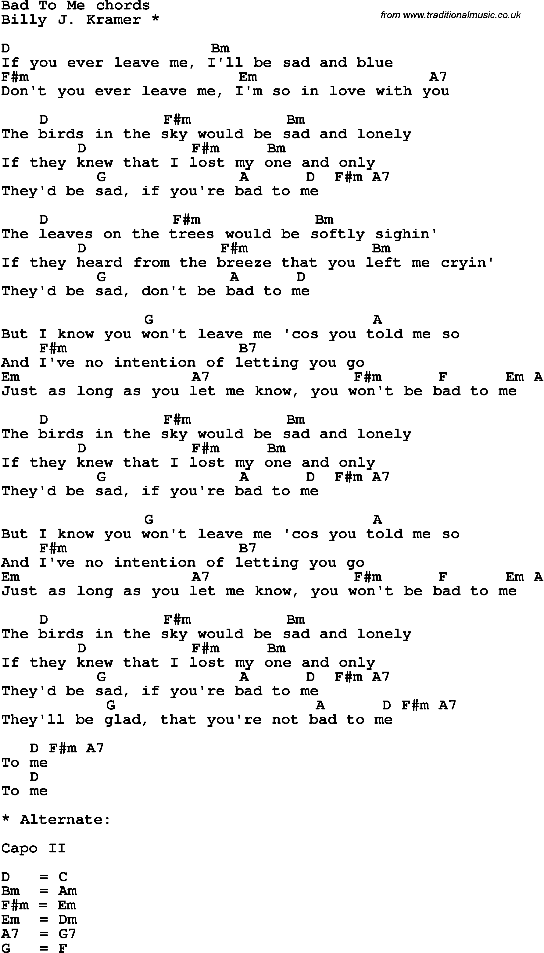 Song Lyrics with guitar chords for Bad To Me