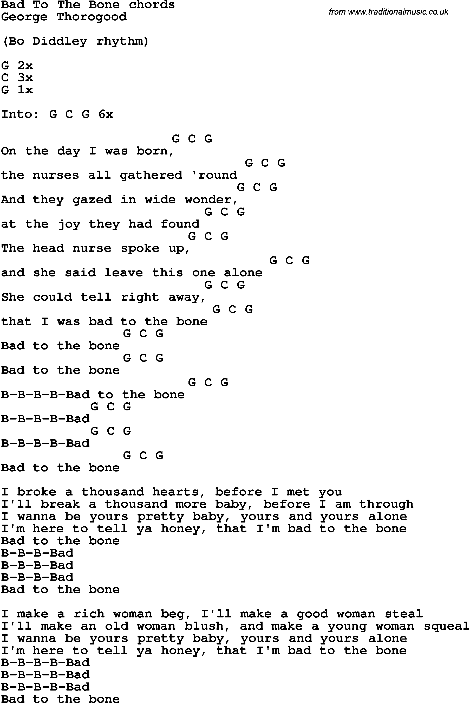 Song Lyrics with guitar chords for Bad To The Boned