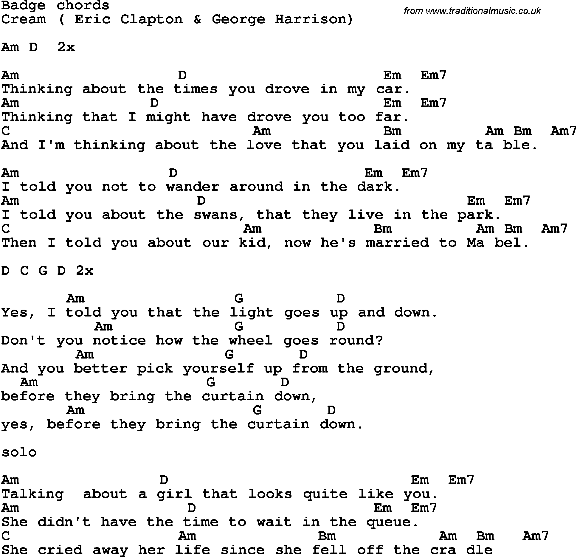 Song Lyrics with guitar chords for Badge