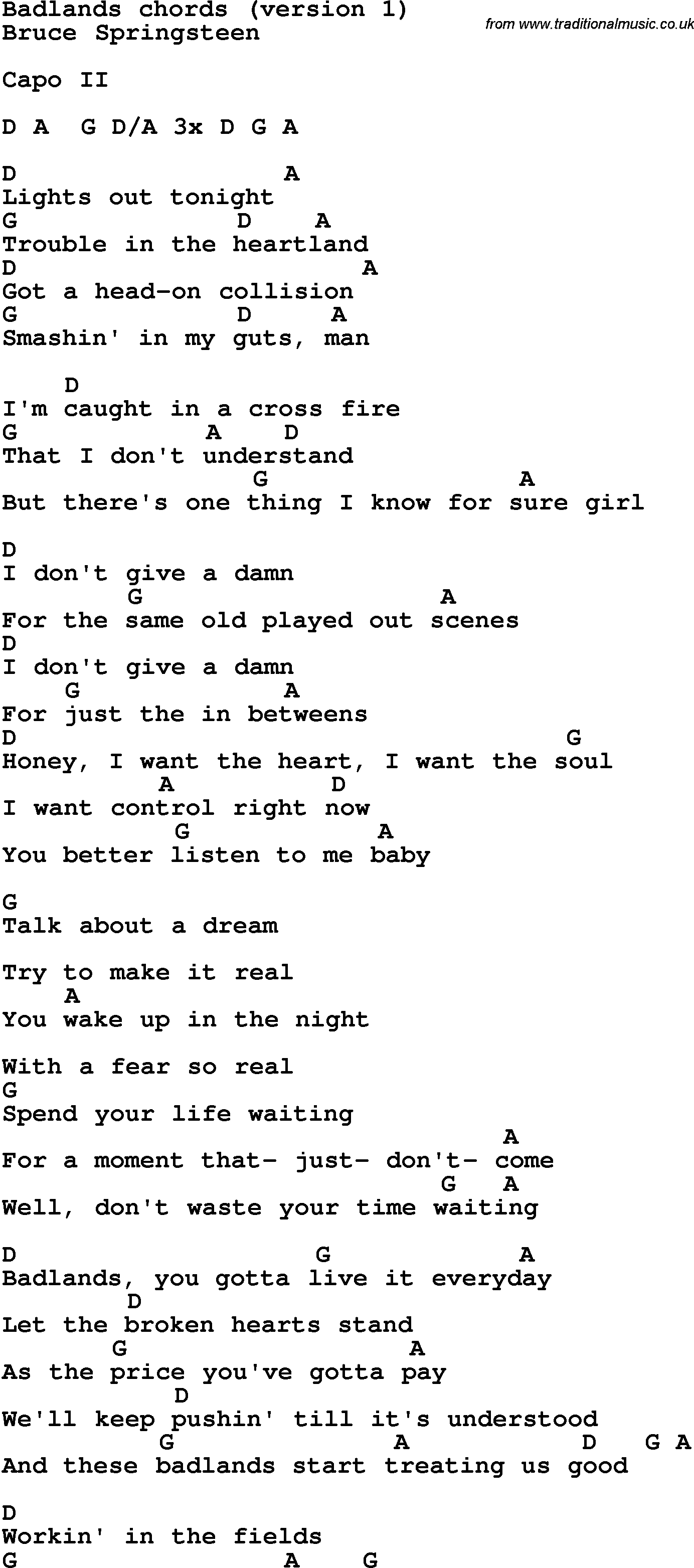 Song Lyrics with guitar chords for Badlands