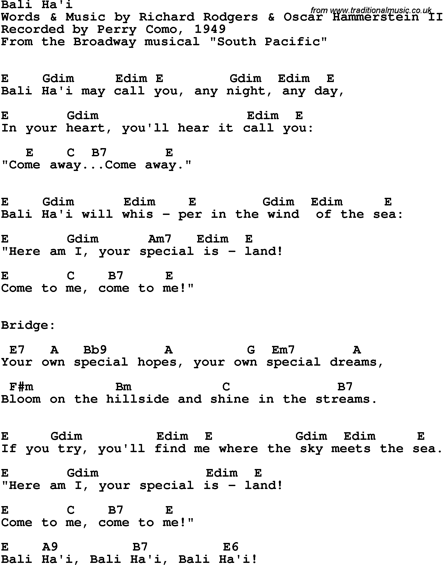 Song Lyrics with guitar chords for Bali Ha'i - Perry Como, 1949