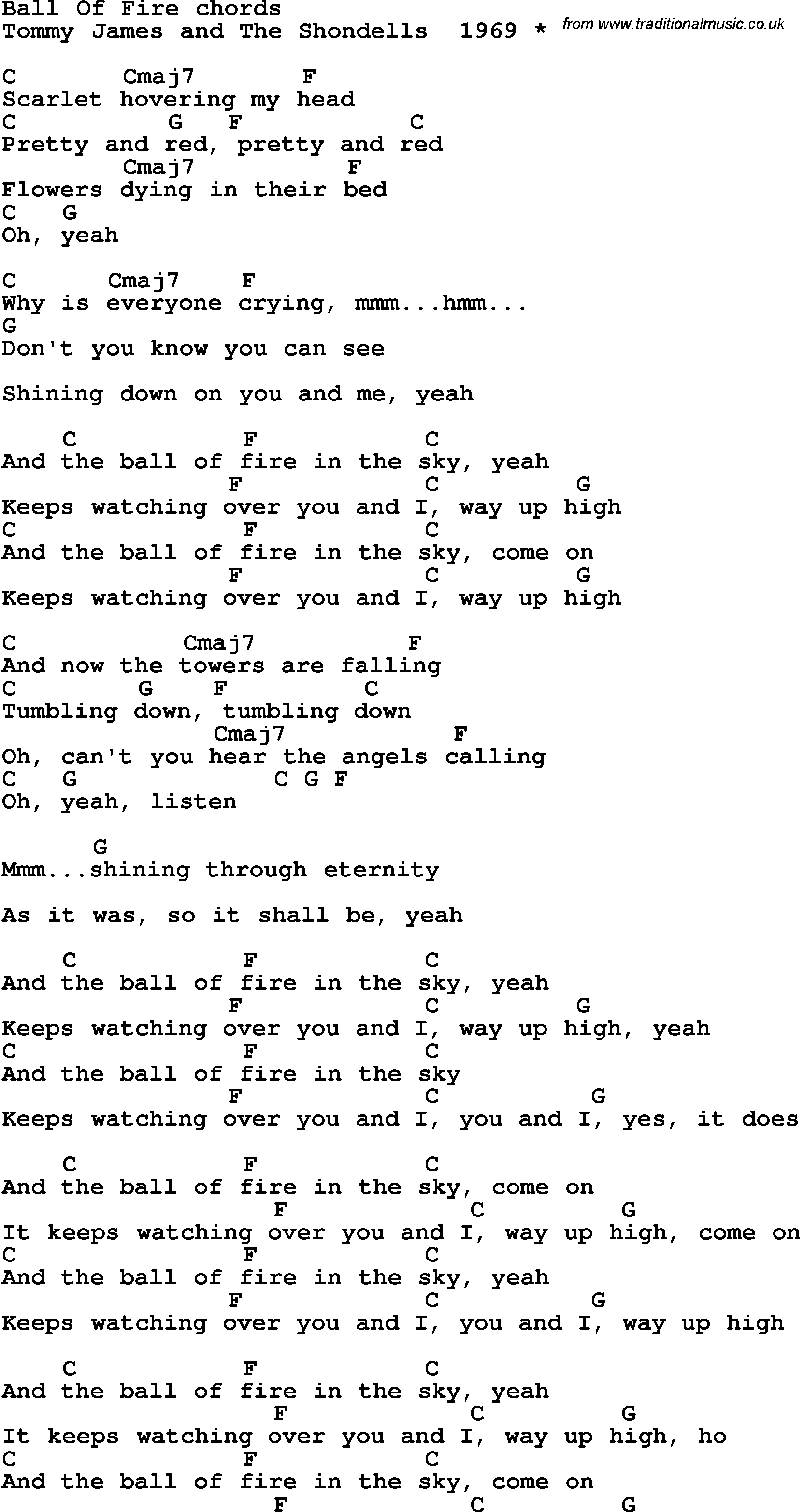 Song Lyrics with guitar chords for Ball Of Fire