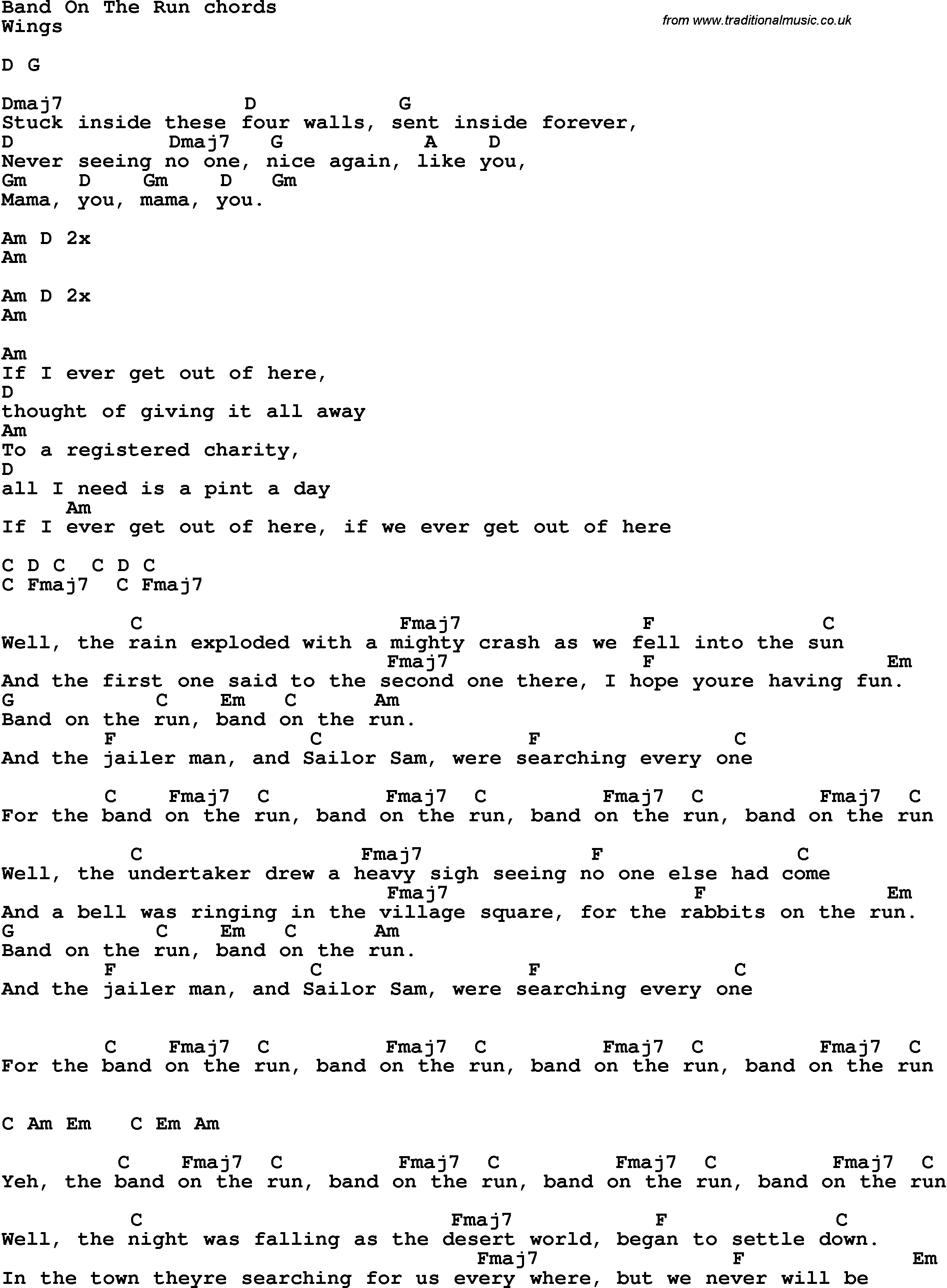 Song Lyrics with guitar chords for Band On The Run