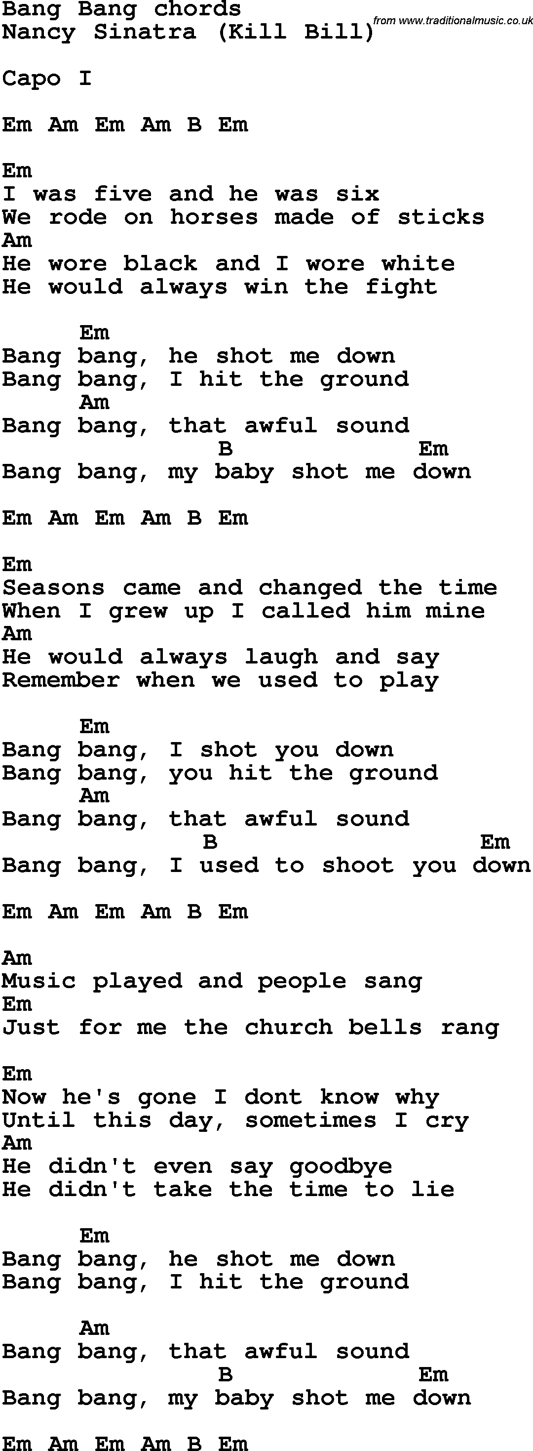 Song Lyrics with guitar chords for Bang Bang