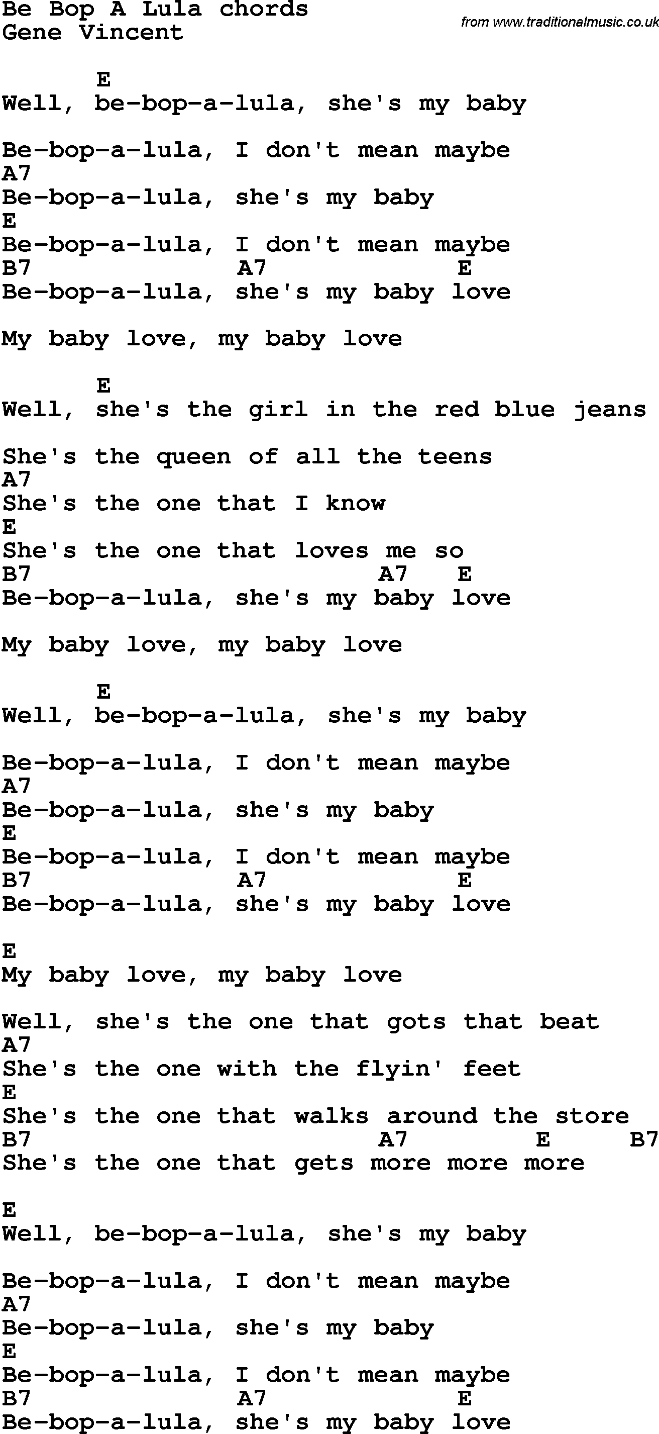 Song Lyrics with guitar chords for Be Bop A Lula