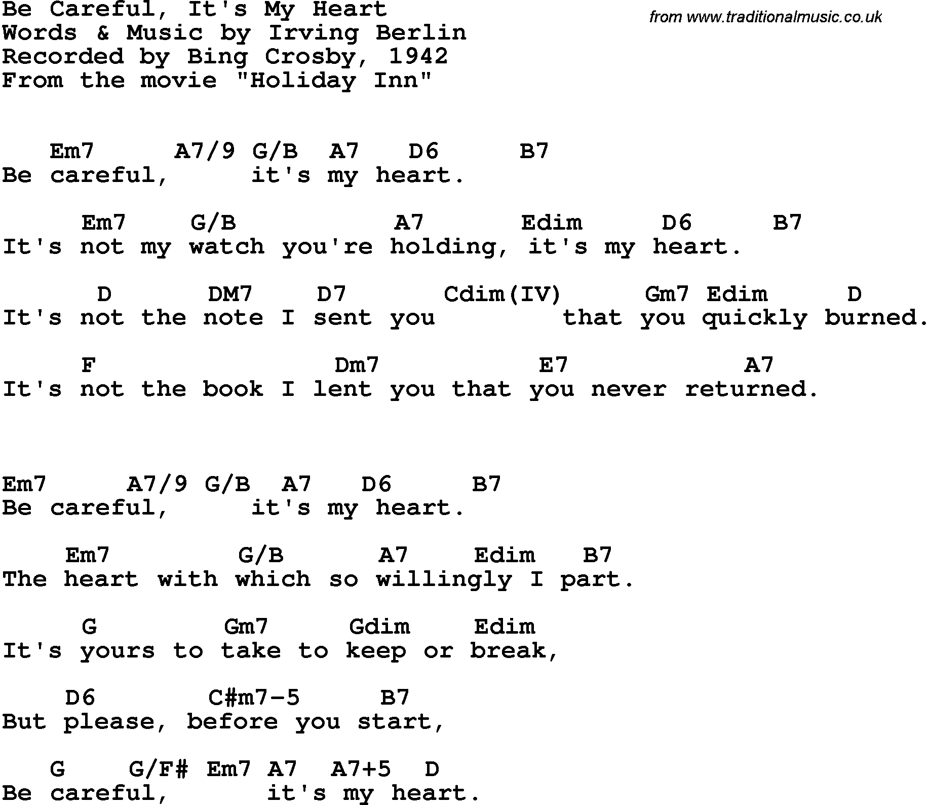 Song Lyrics with guitar chords for Be Careful It's My Heart - Bing Crosby, 1942