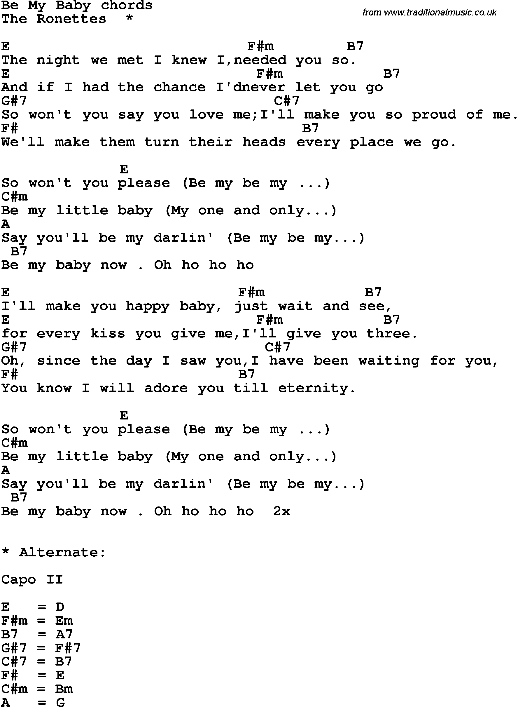 Song Lyrics with guitar chords for Be My Baby
