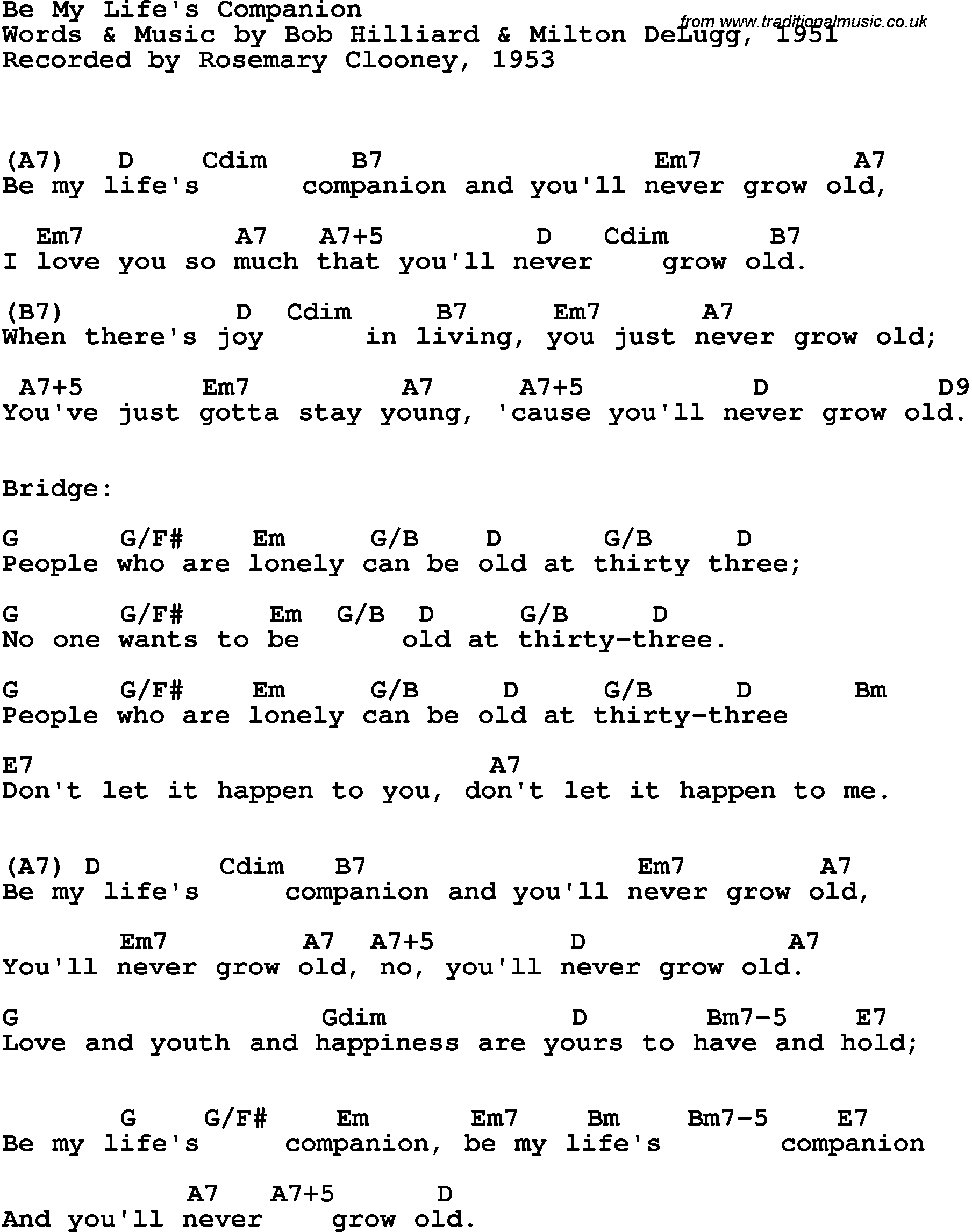 Song Lyrics with guitar chords for Be My Life's Companion - Rosemary Clooney, 1953