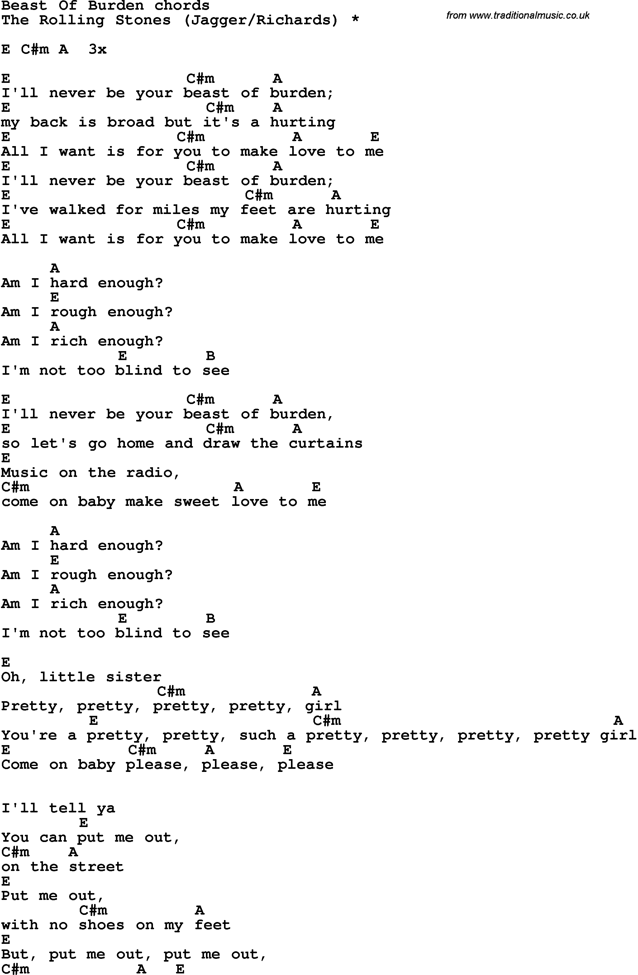 Song Lyrics with guitar chords for Beast Of Burden