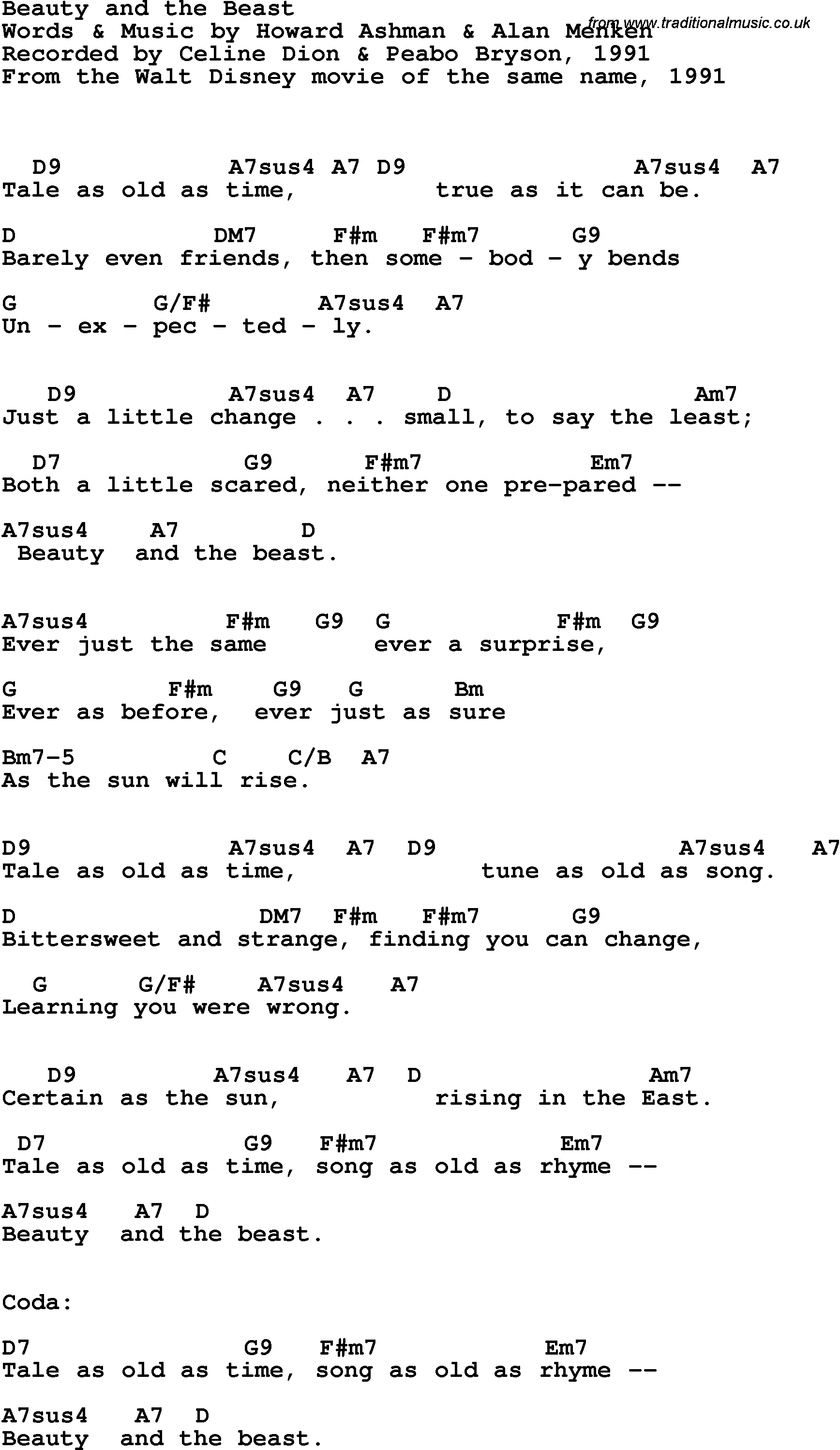 Song Lyrics with guitar chords for Beauty And The Beast - Howard Ashman & Alan Menken