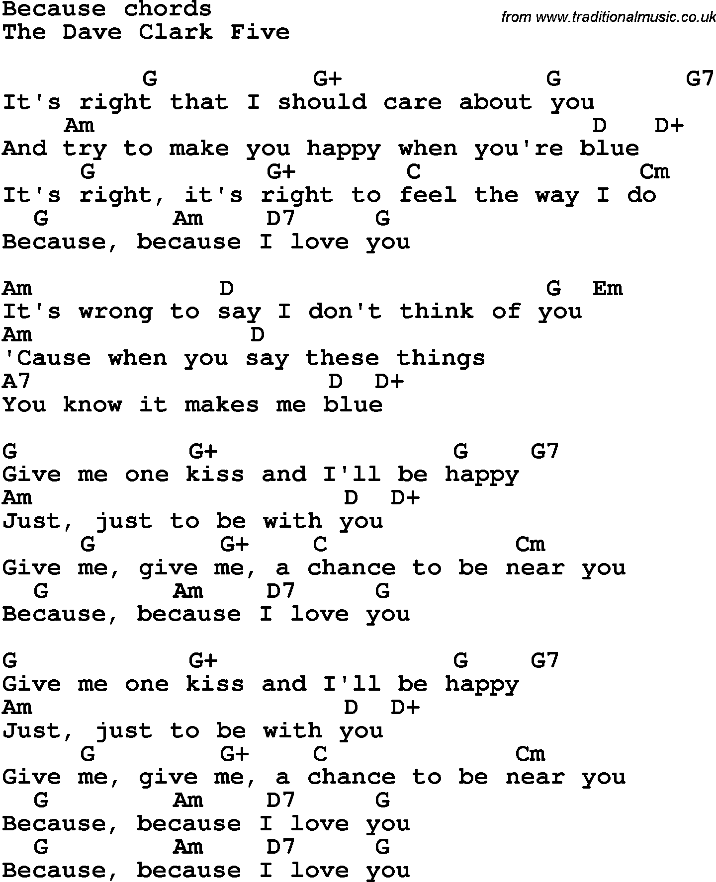 Song Lyrics with guitar chords for Because - The Dave Clark Five