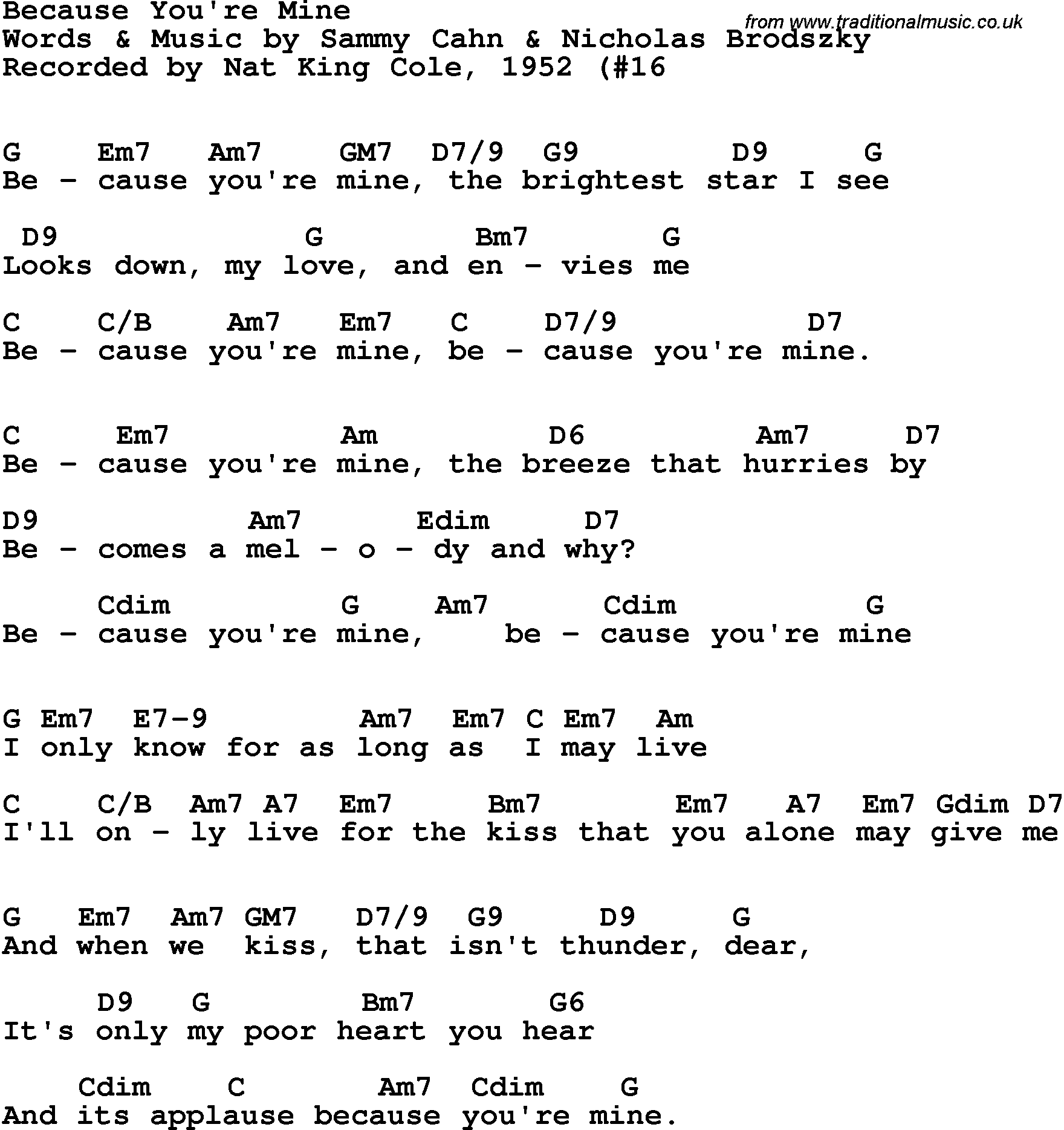 Song Lyrics with guitar chords for Because You're Mine - Nat King Cole, 1952