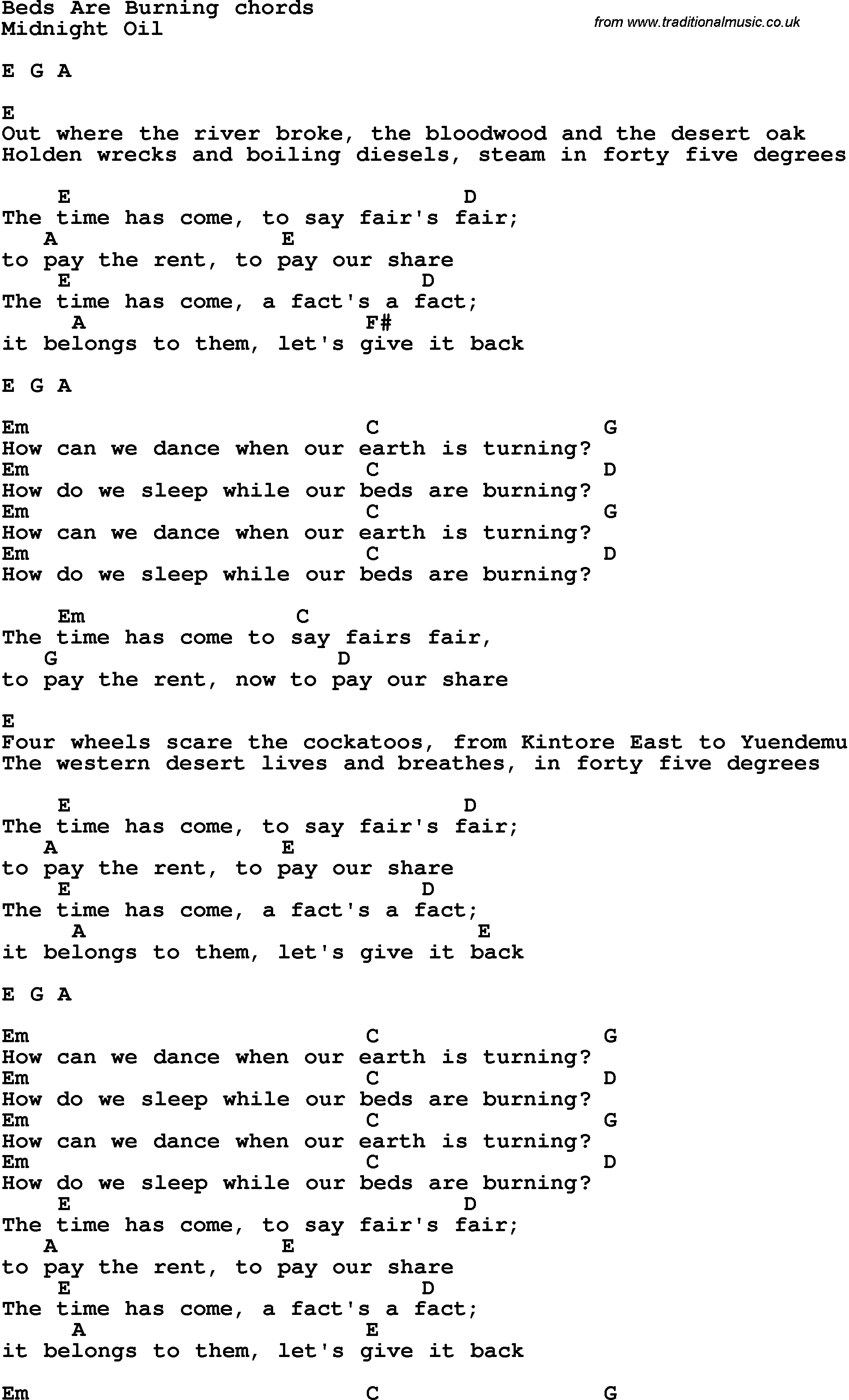 Song Lyrics with guitar chords for Beds Are Burning