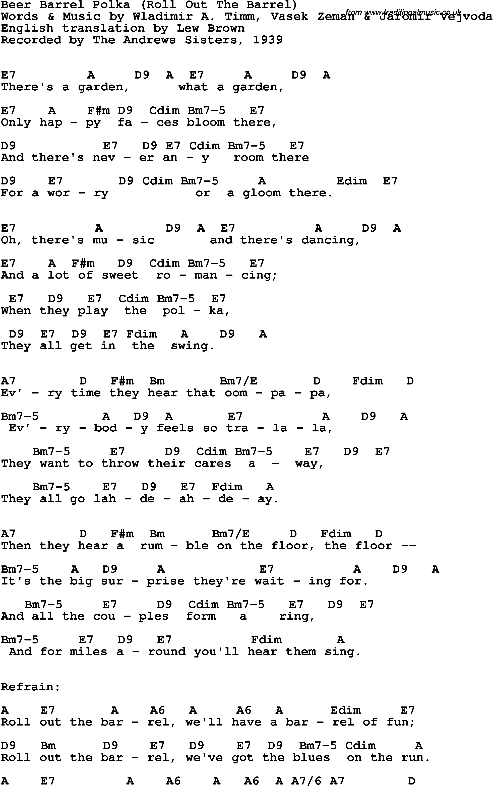 Song Lyrics with guitar chords for Beer Barrel Polka - The Andrews Sisters, 1949