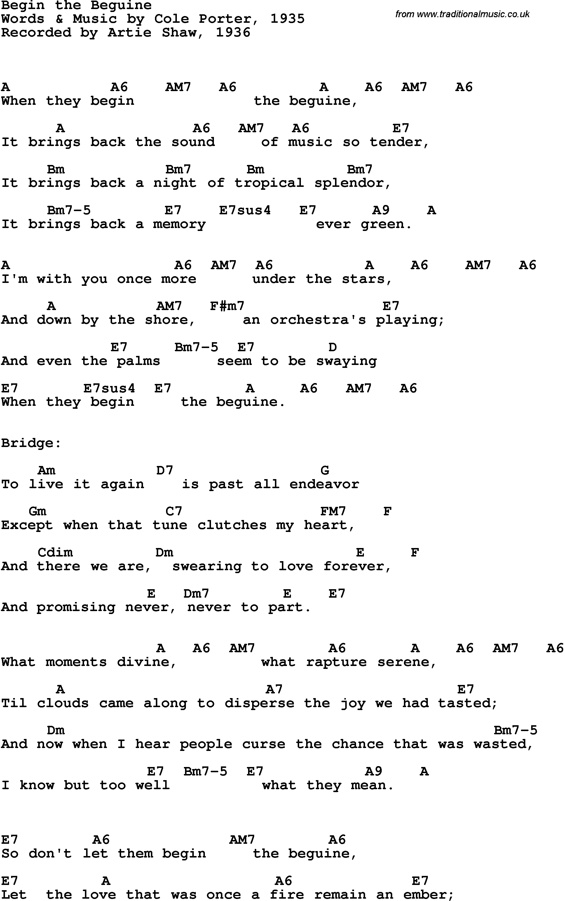 Song Lyrics with guitar chords for Begin The Beguine - Frank Sinatra, 1943