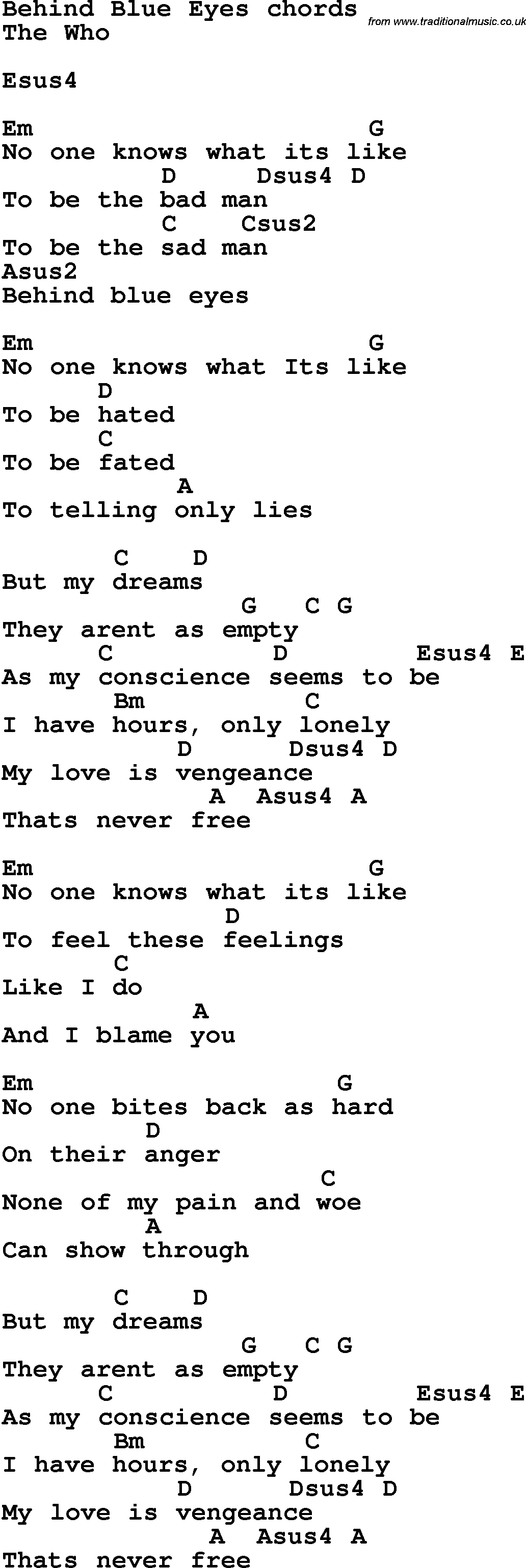 Song Lyrics with guitar chords for Behind Blue Eyes