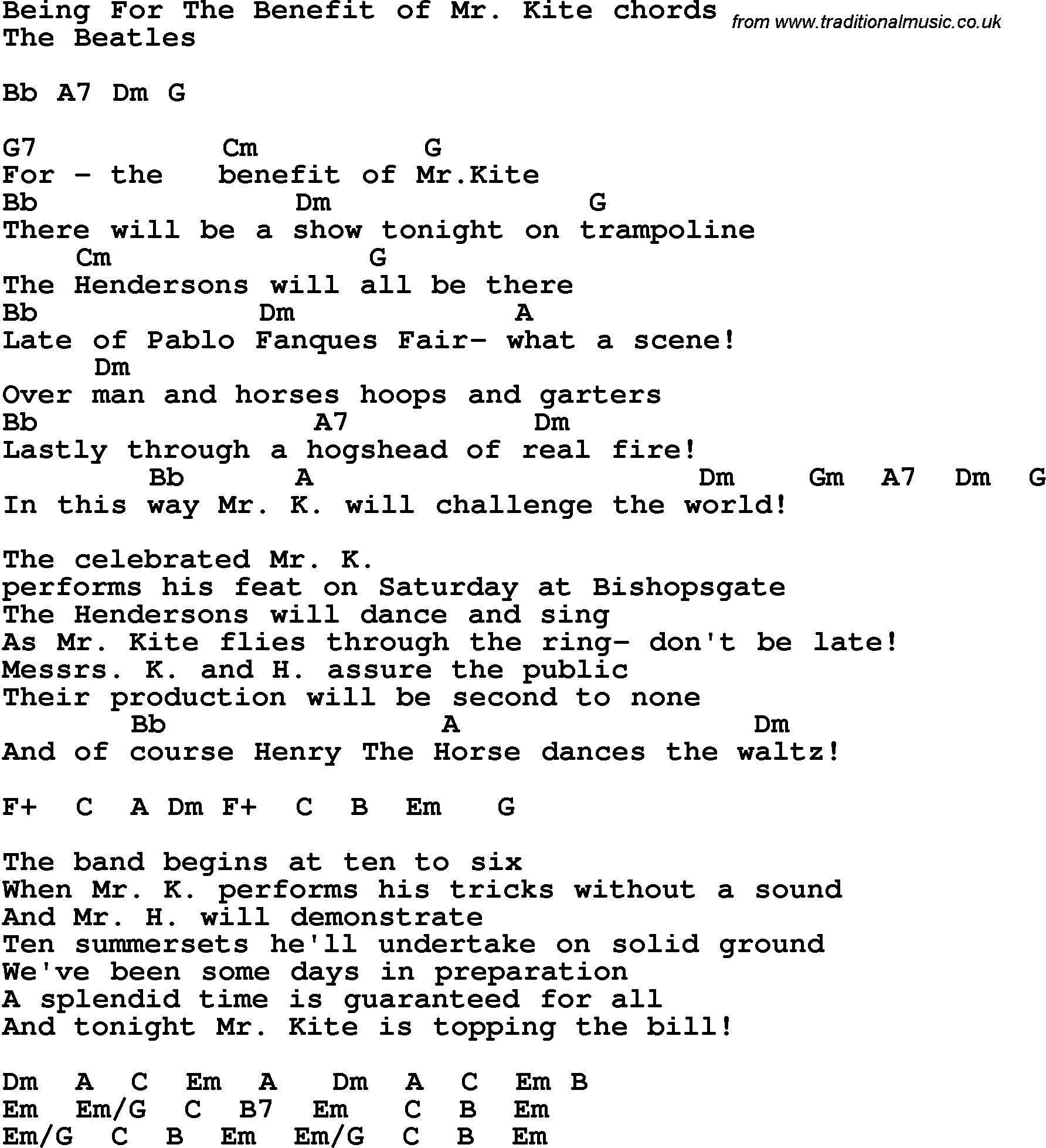 Song Lyrics with guitar chords for Being For The Benefit Of Mr Kite