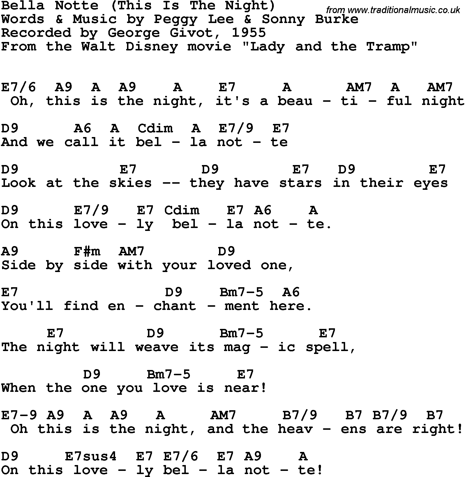 Song Lyrics with guitar chords for Bella Notte (This Is The Night) - George Givot (As Tony), 1955