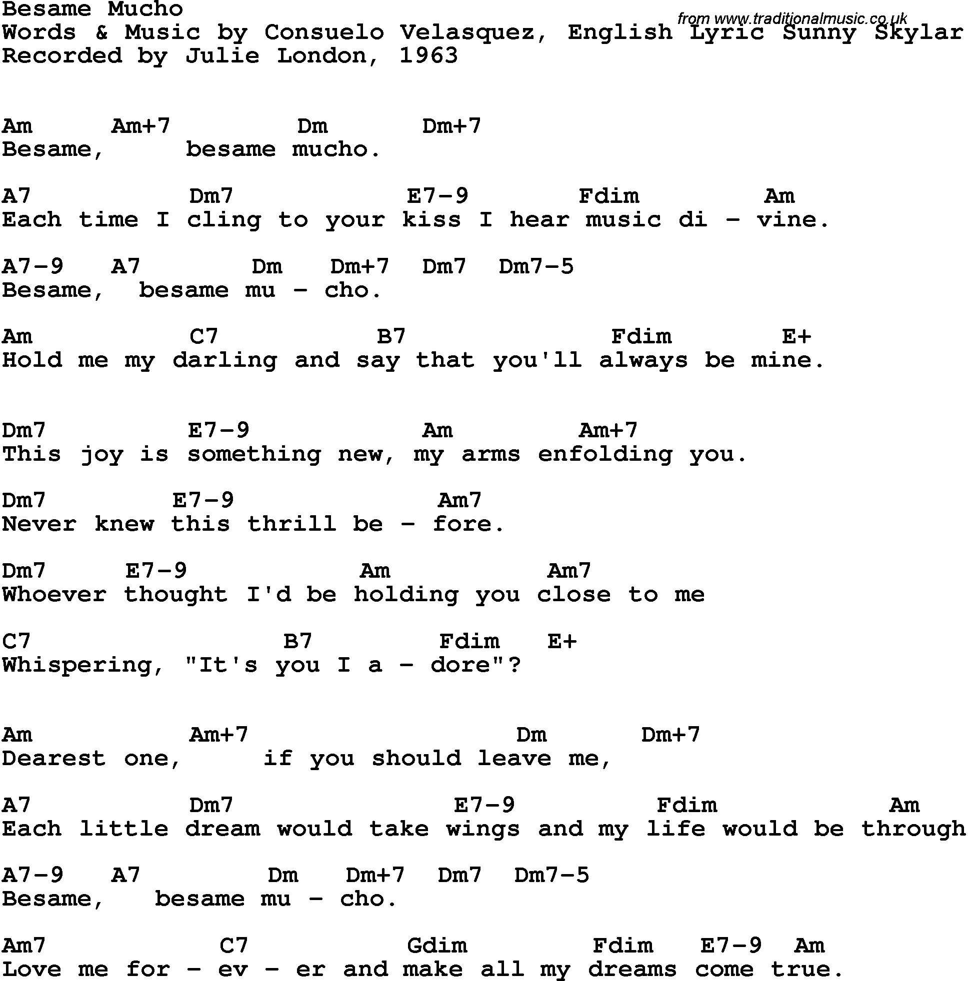 Song Lyrics with guitar chords for Besame Mucho - Julie London, 1963