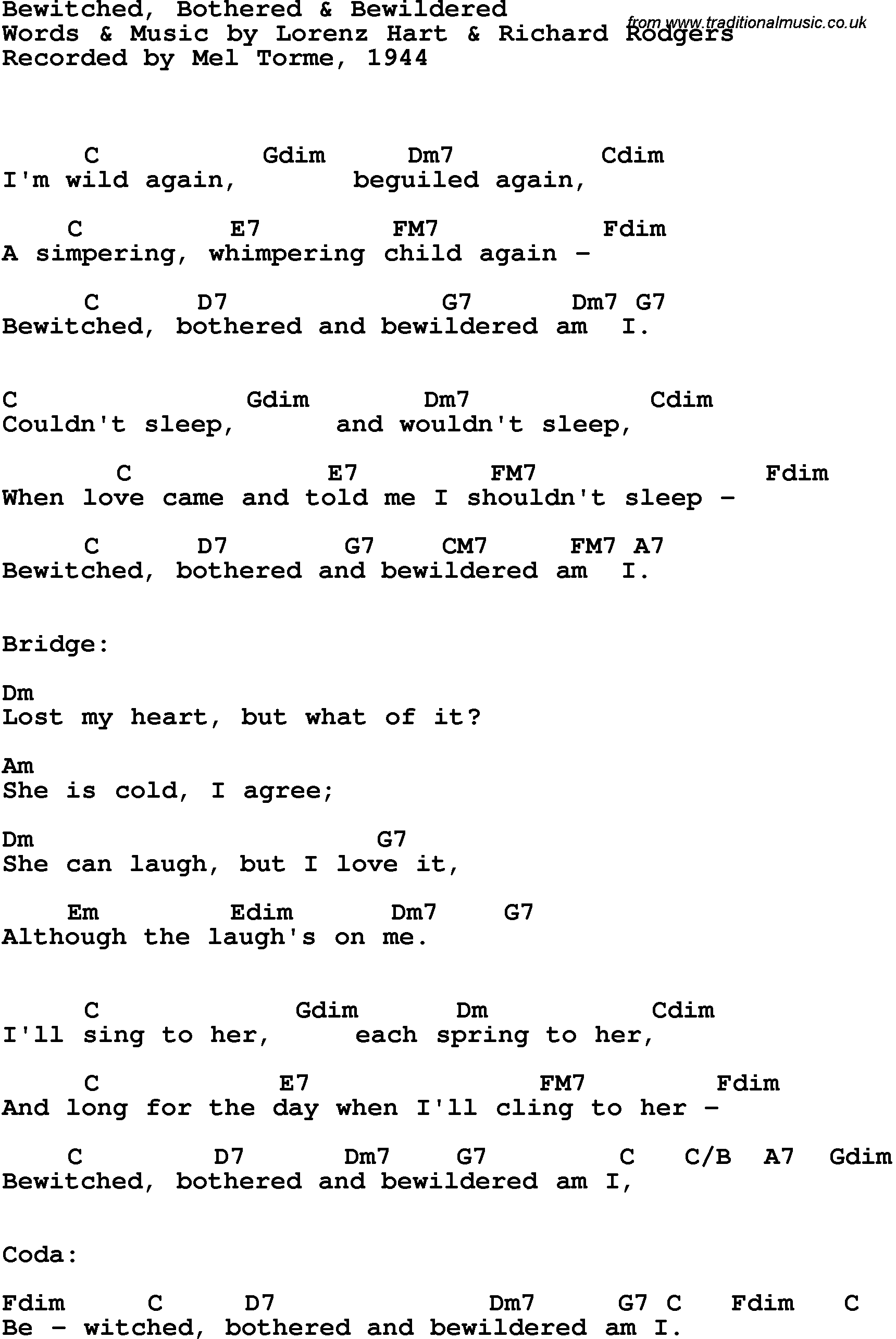 Song Lyrics with guitar chords for Bewitched, Bothered & Bewildered - Mel Torm�, 1944