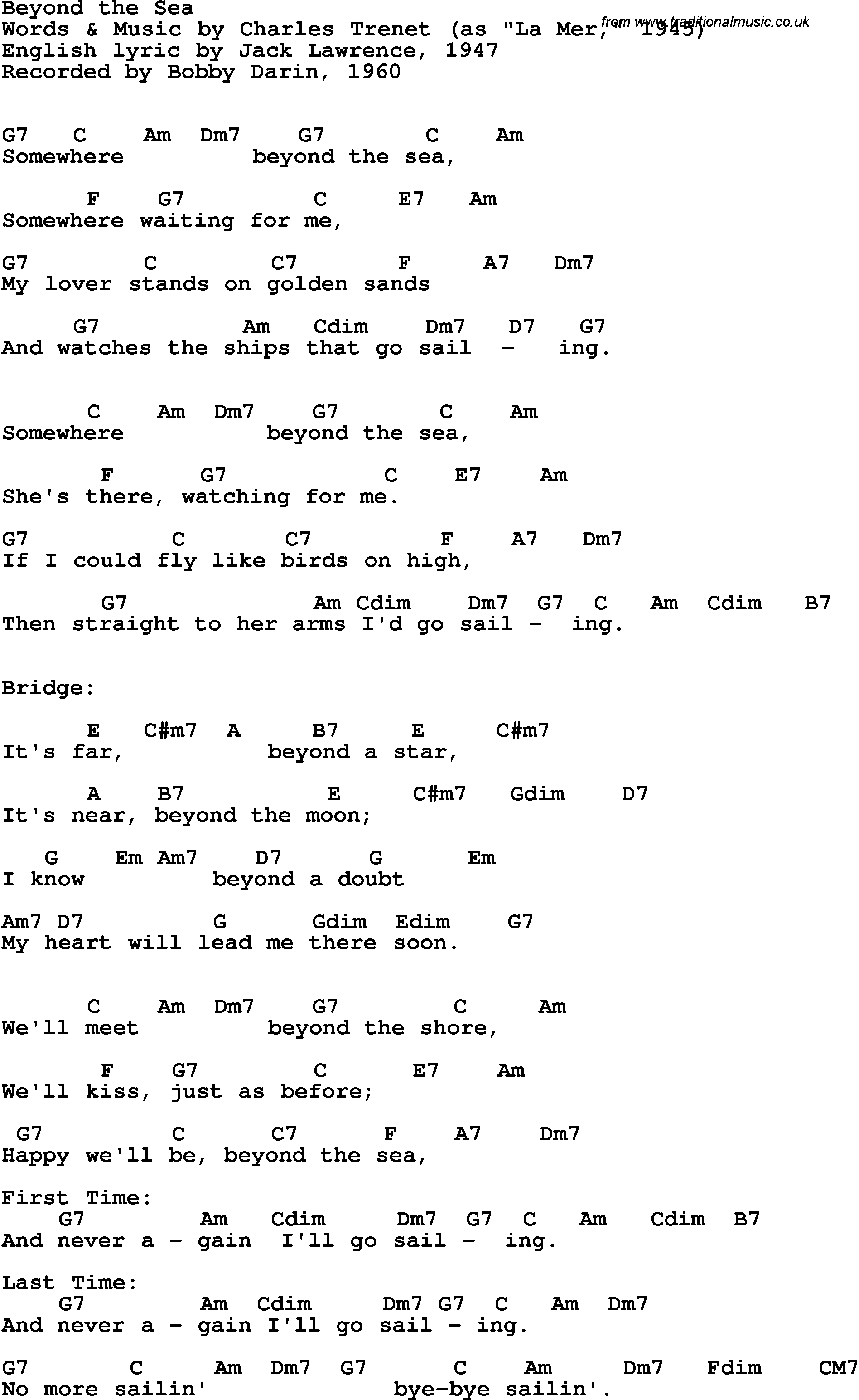 Song Lyrics with guitar chords for Beyond The Sea - Bobby Darin, 1960