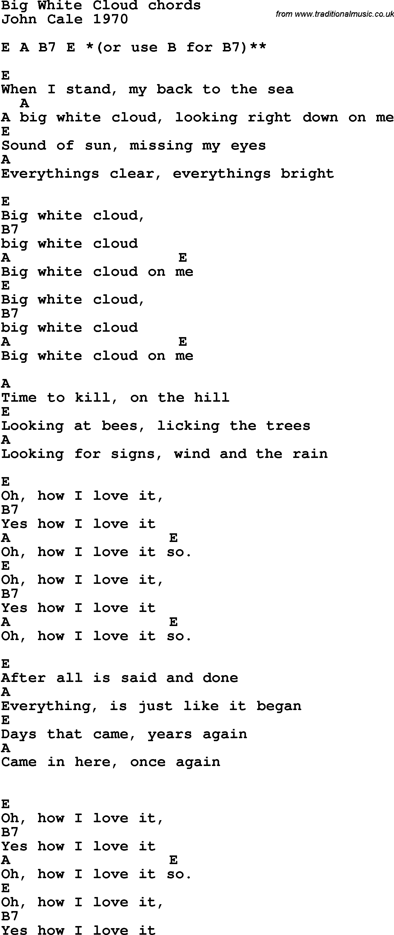 Song Lyrics with guitar chords for Big White Cloud