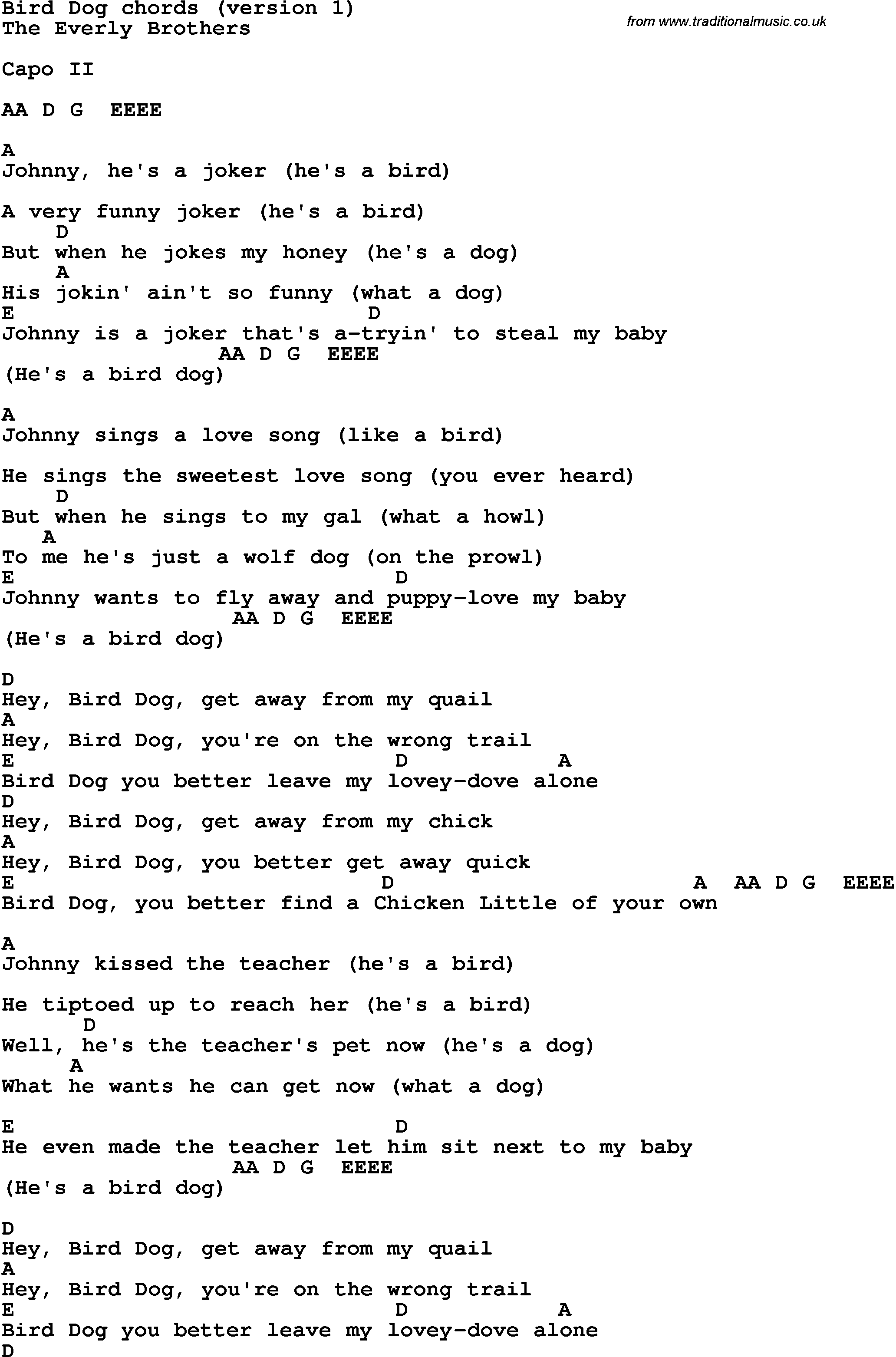 Song Lyrics with guitar chords for Bird Dog