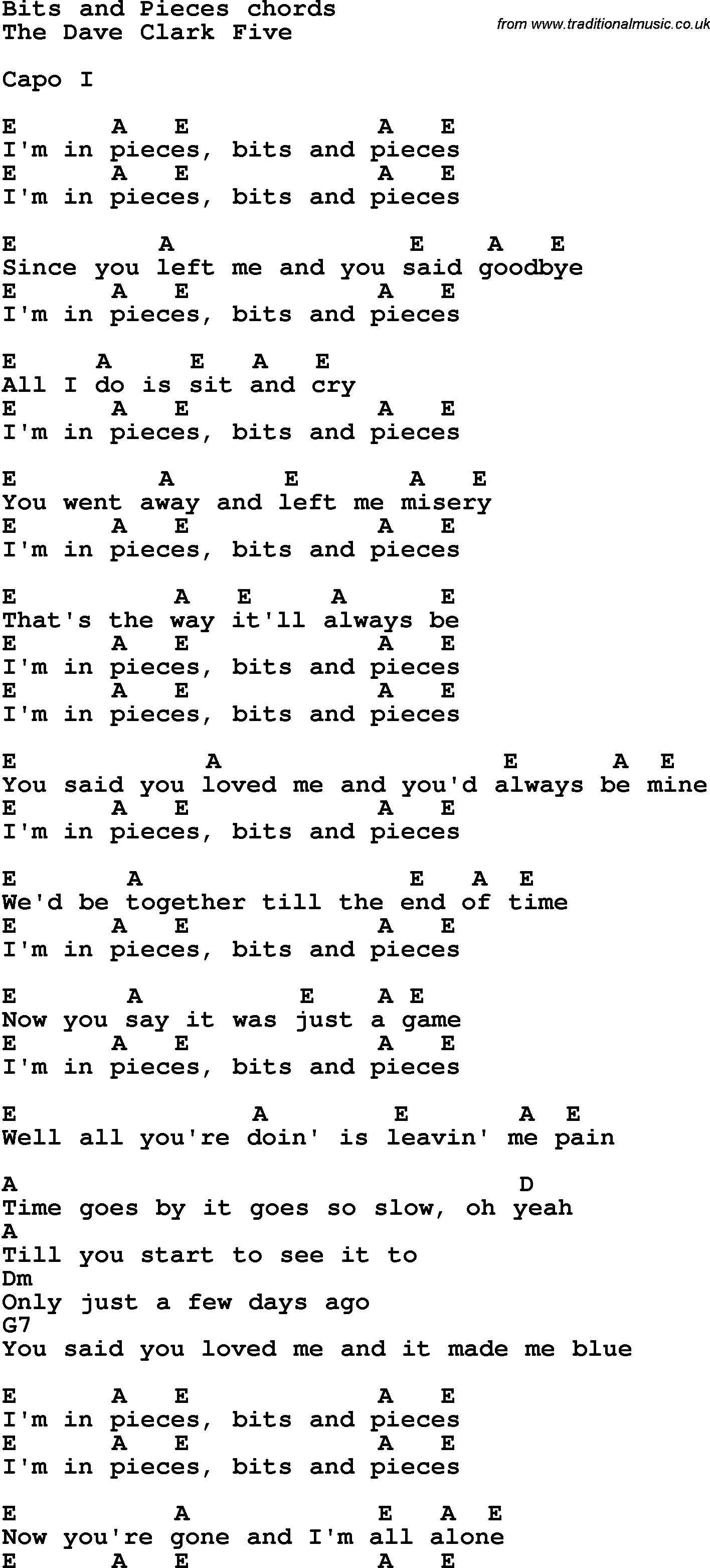 Song Lyrics with guitar chords for Bits And Pieces