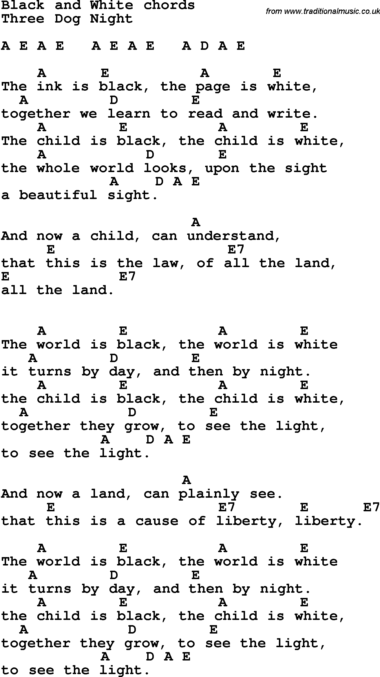 Song Lyrics with guitar chords for Black And White