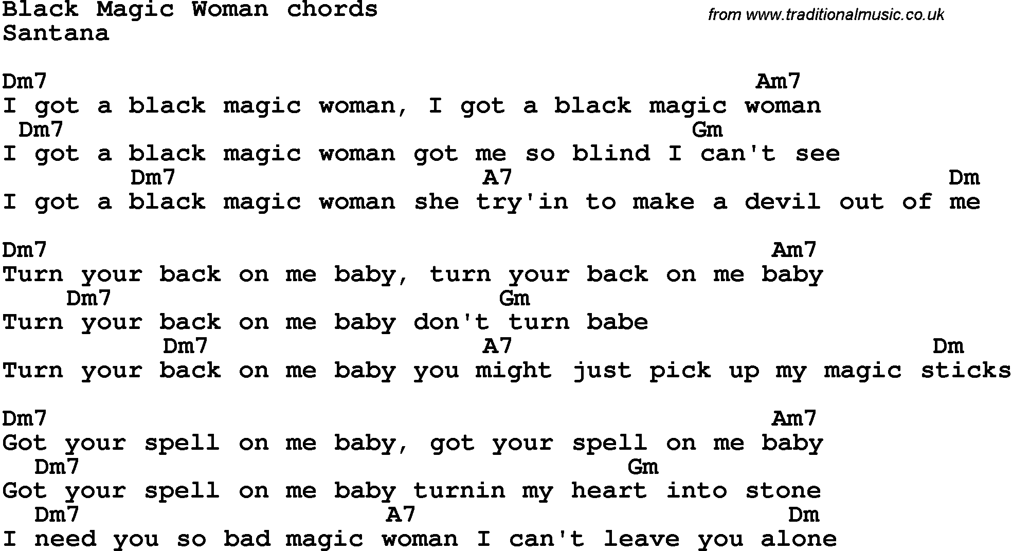 Song Lyrics with guitar chords for Black Magic Woman