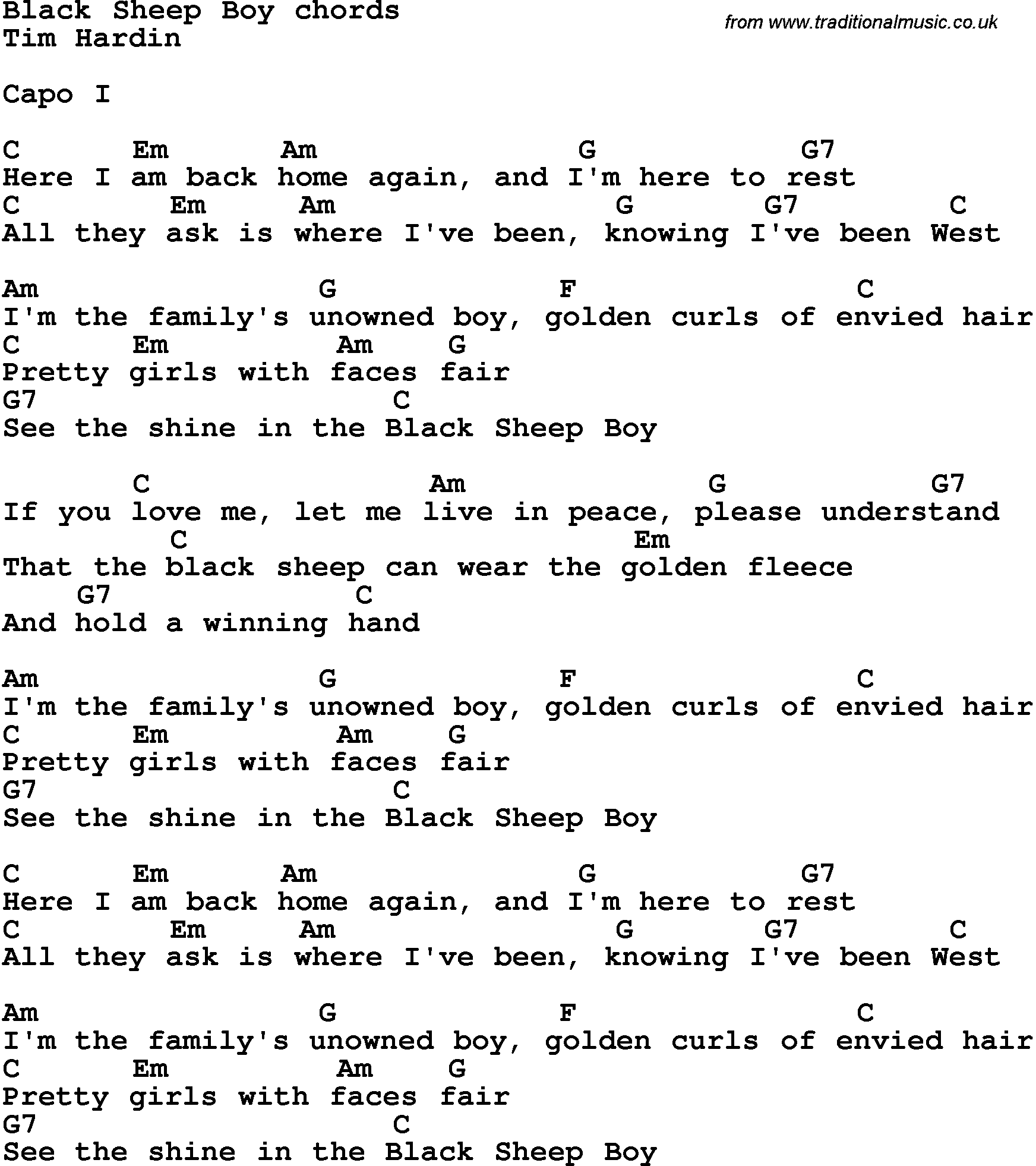 Song Lyrics with guitar chords for Black Sheep Boy