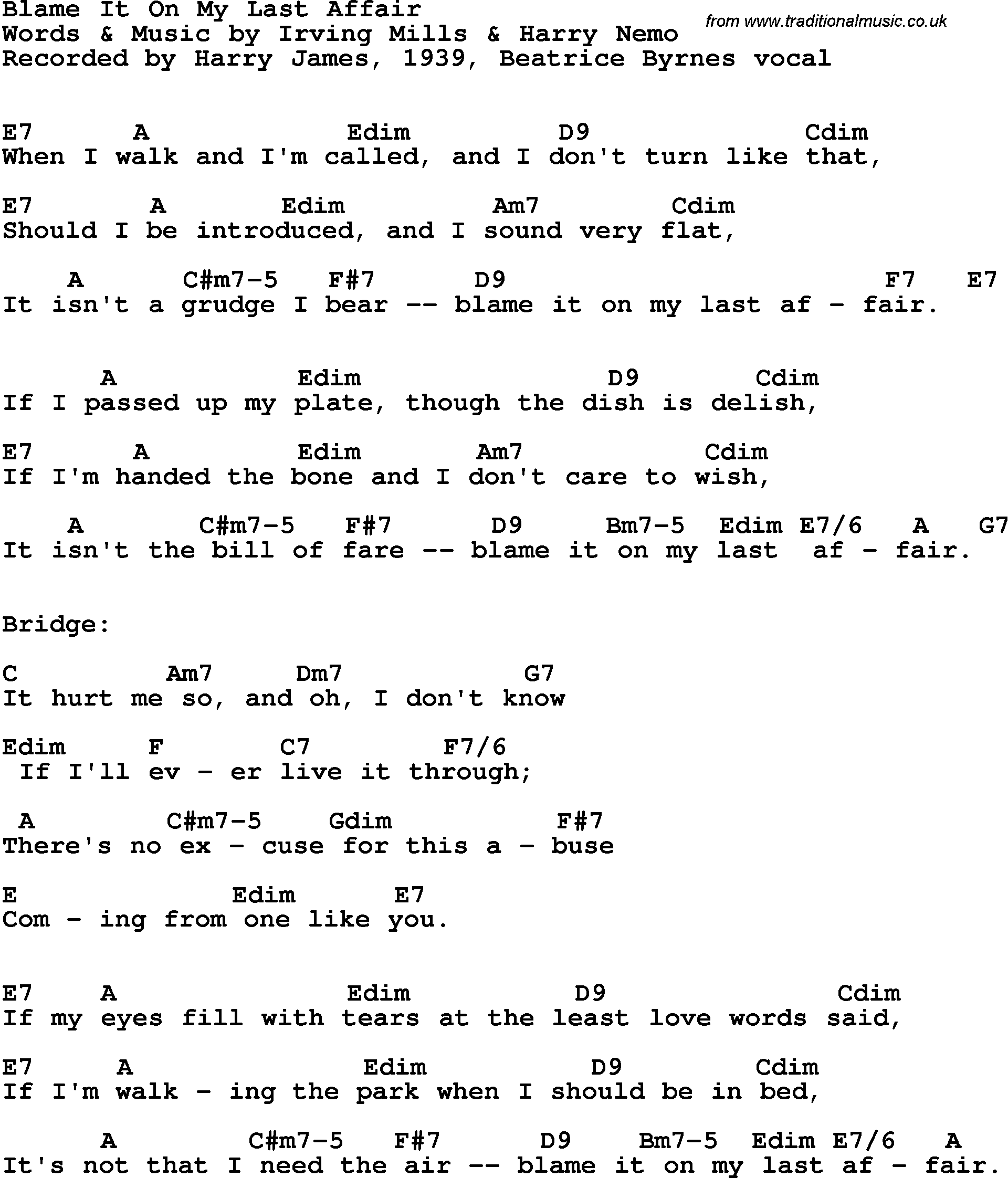 Song Lyrics with guitar chords for Blame It On My Last Affair - Harry James, 1939