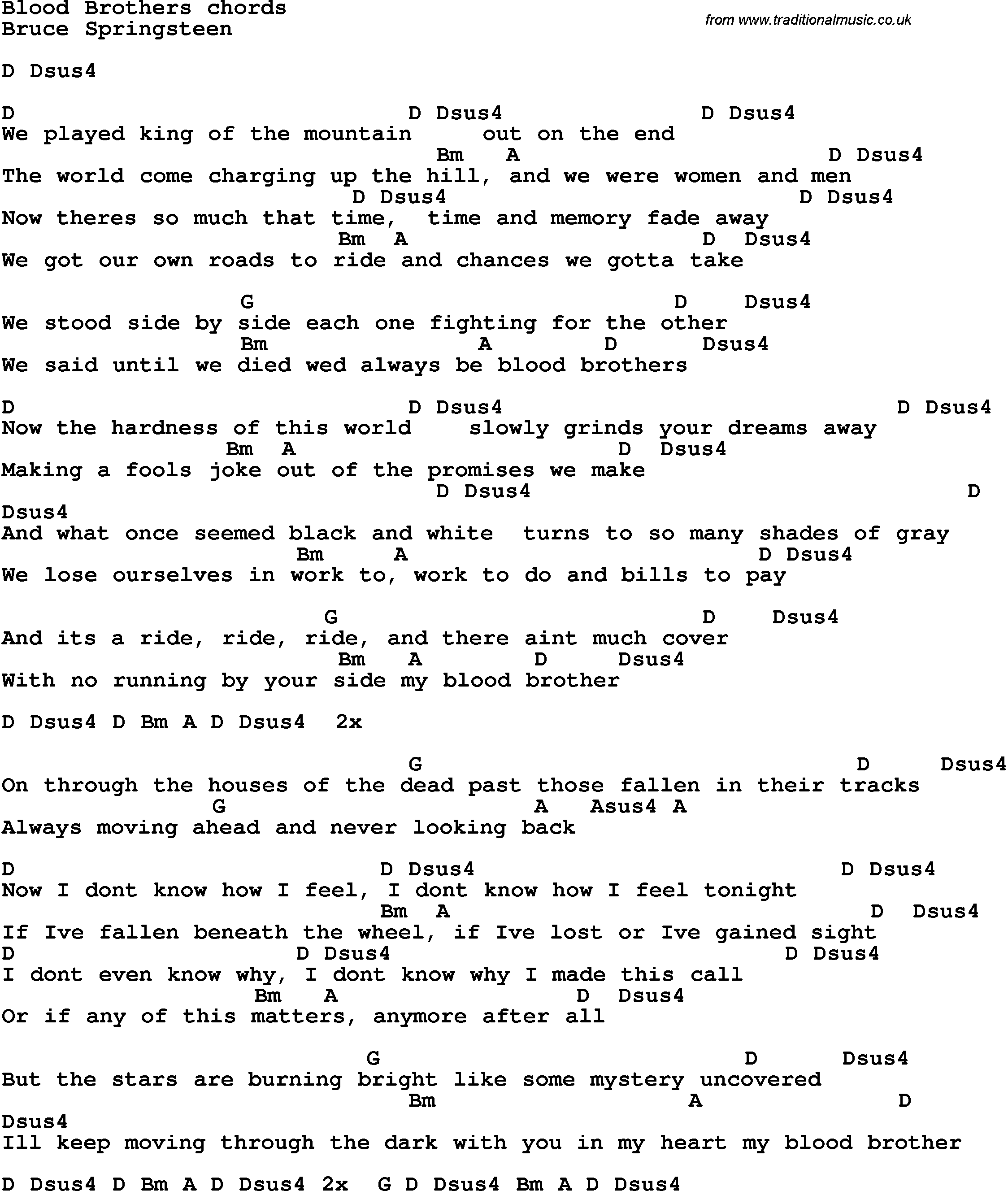Song Lyrics with guitar chords for Blood Brothers