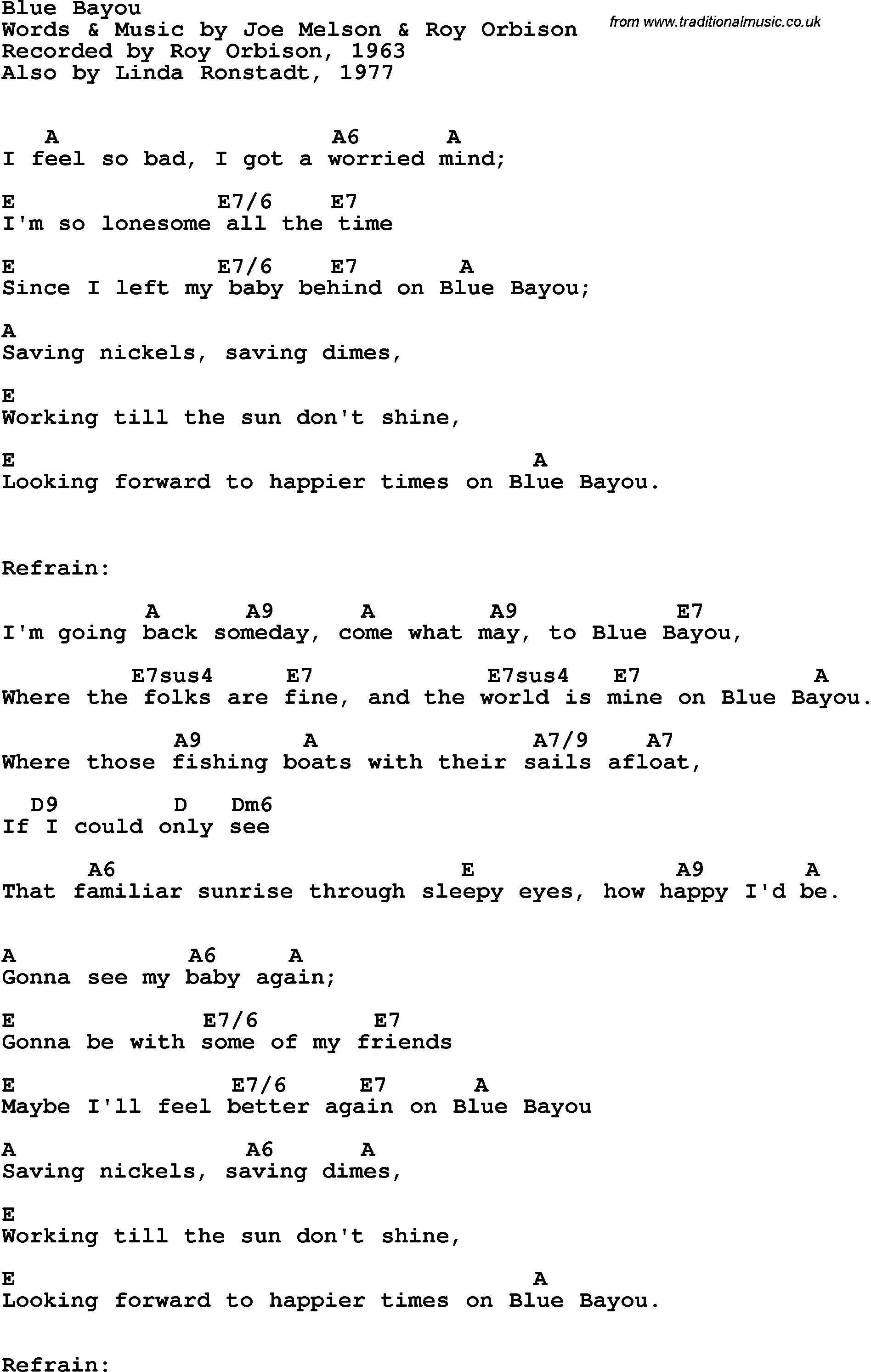 Song Lyrics with guitar chords for Blue Bayou - Roy Orbison, 1963