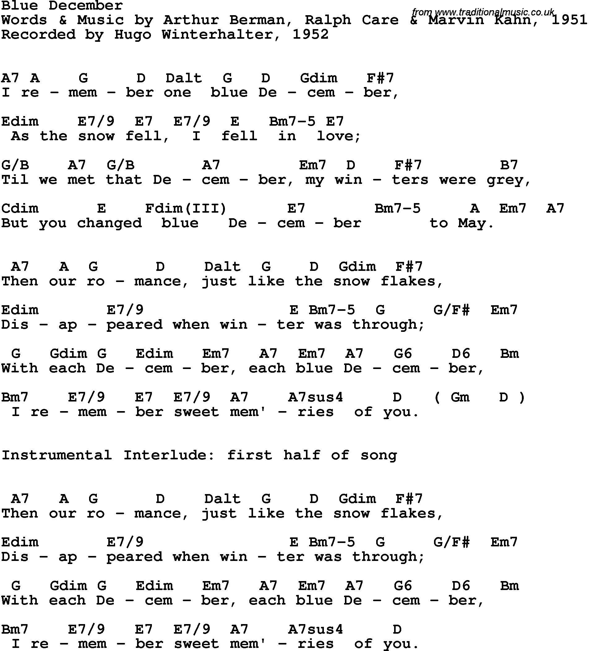 Song Lyrics with guitar chords for Blue December - Hugh Winterhalter, 1952