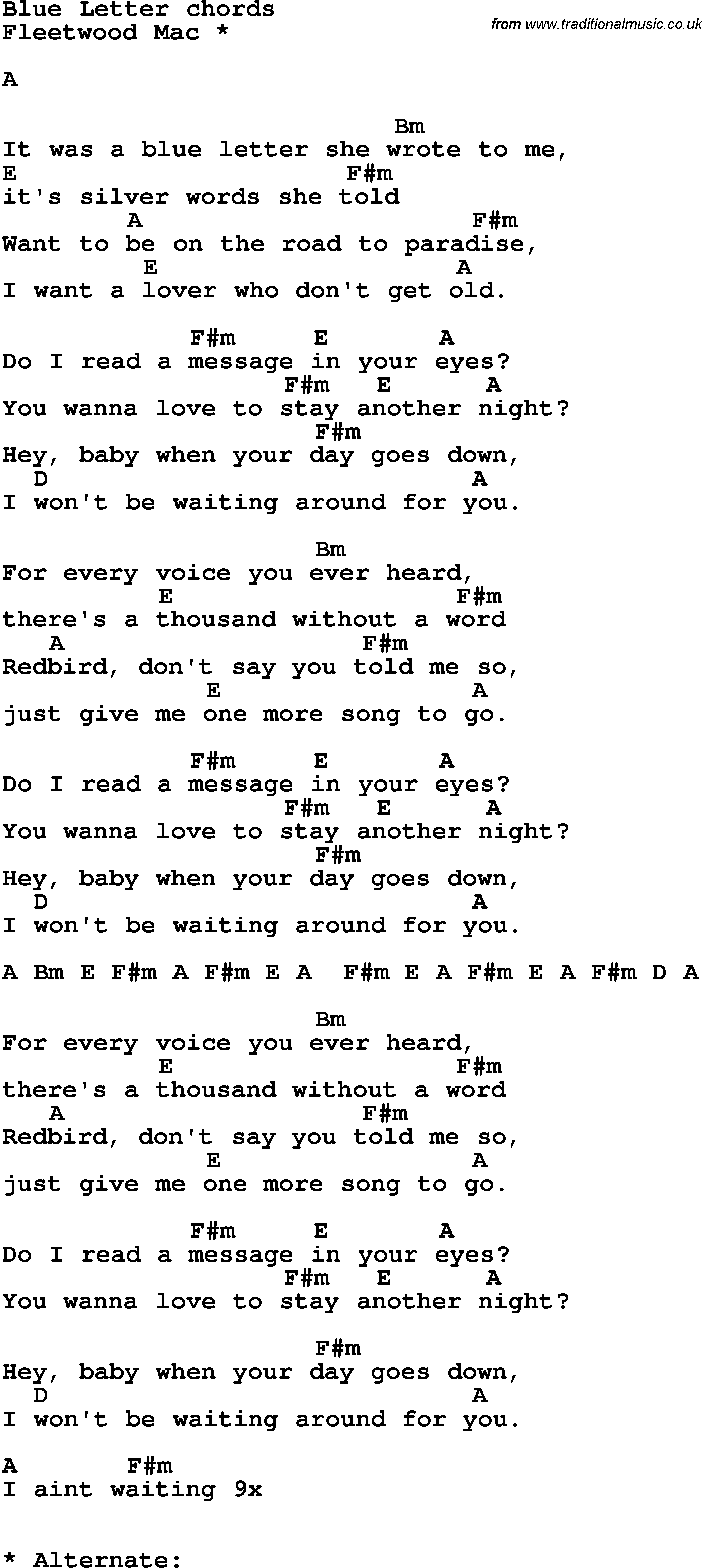 Song Lyrics with guitar chords for Blue Letter