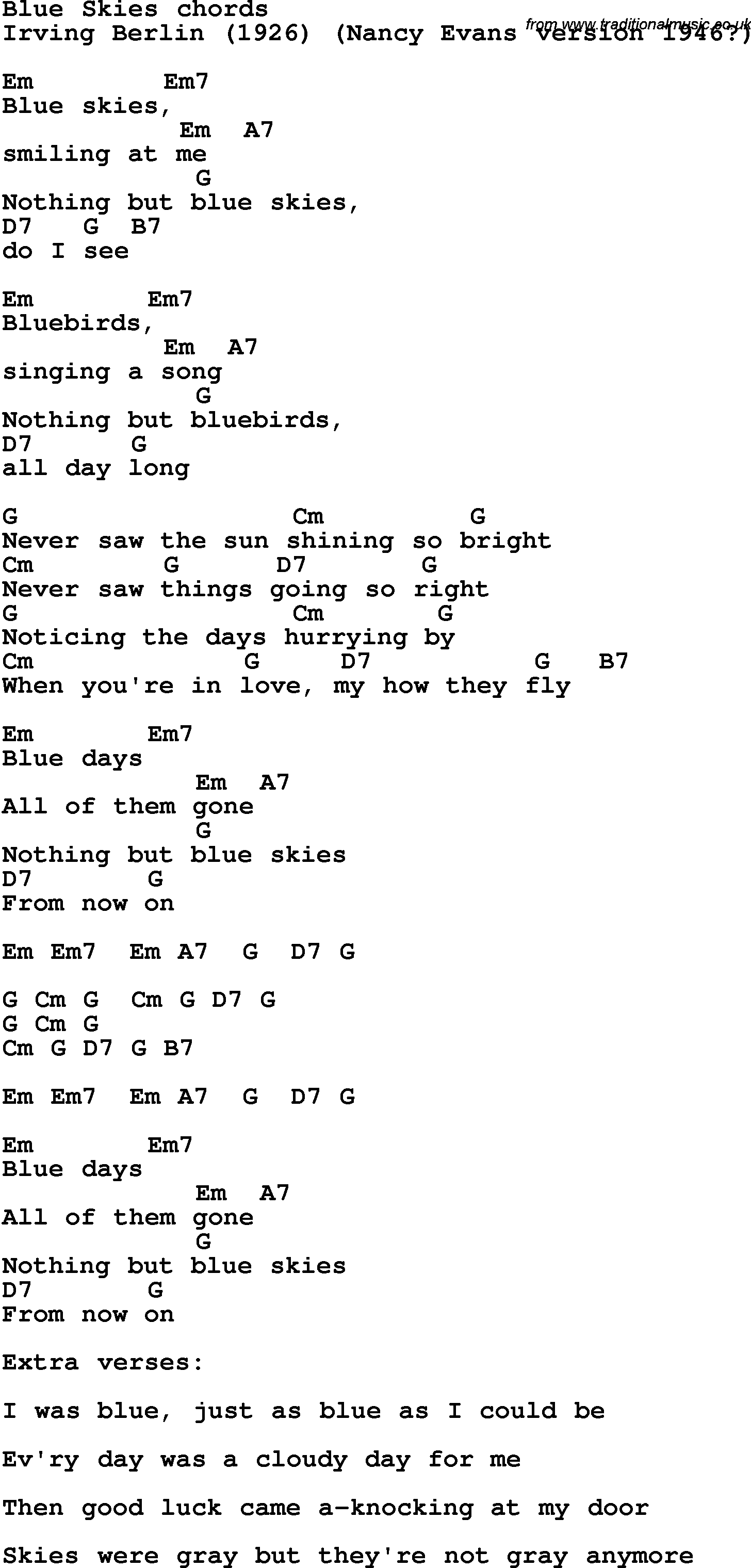 Song Lyrics with guitar chords for Blue Skies - Irving Berlin
