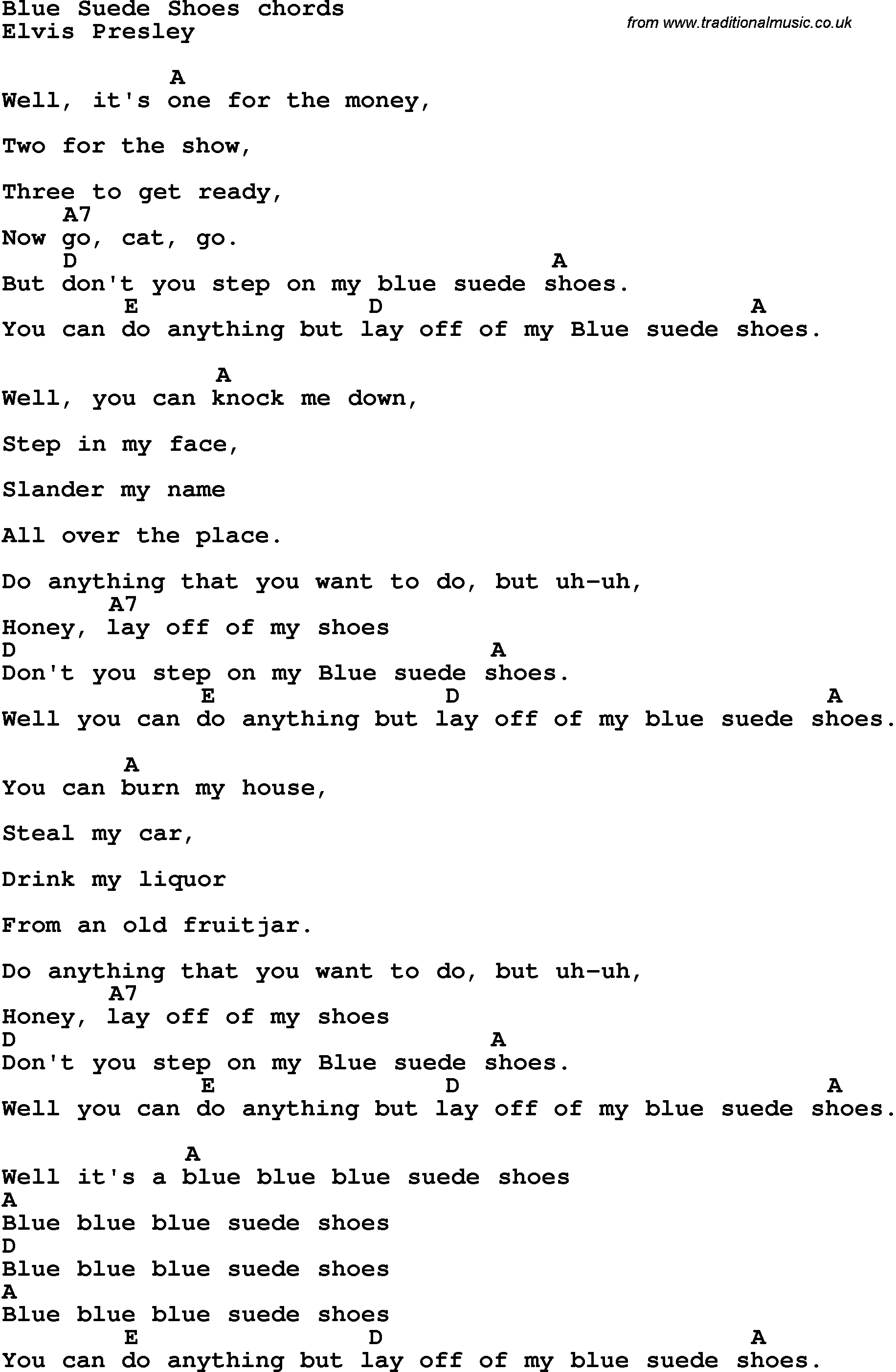 Song Lyrics with guitar chords for Blue Suede Shoes