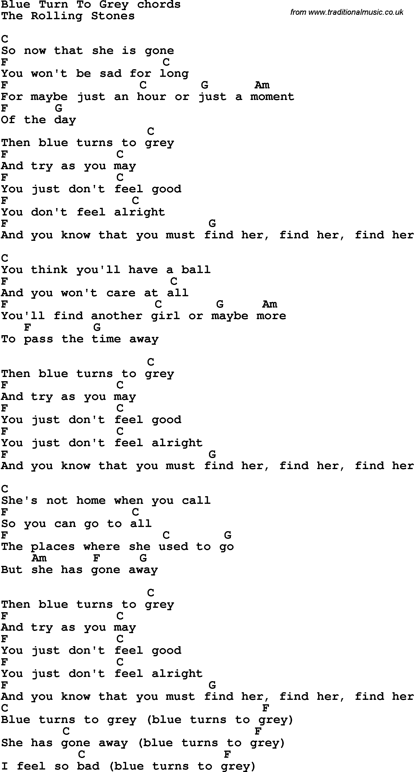 Song Lyrics with guitar chords for Blue Turn To Grey