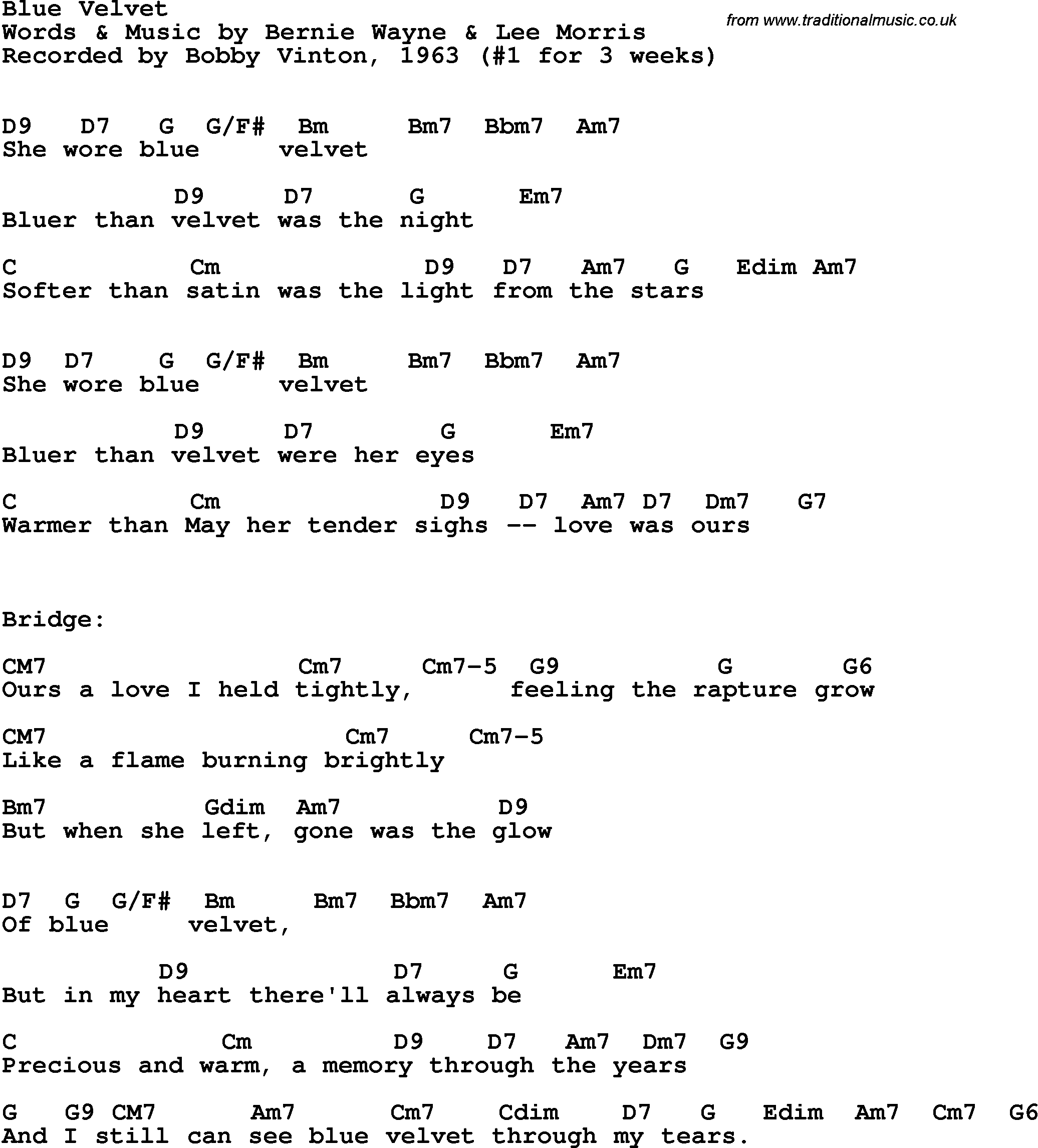 Song Lyrics with guitar chords for Blue Velvet - Bobby Vinton, 1963