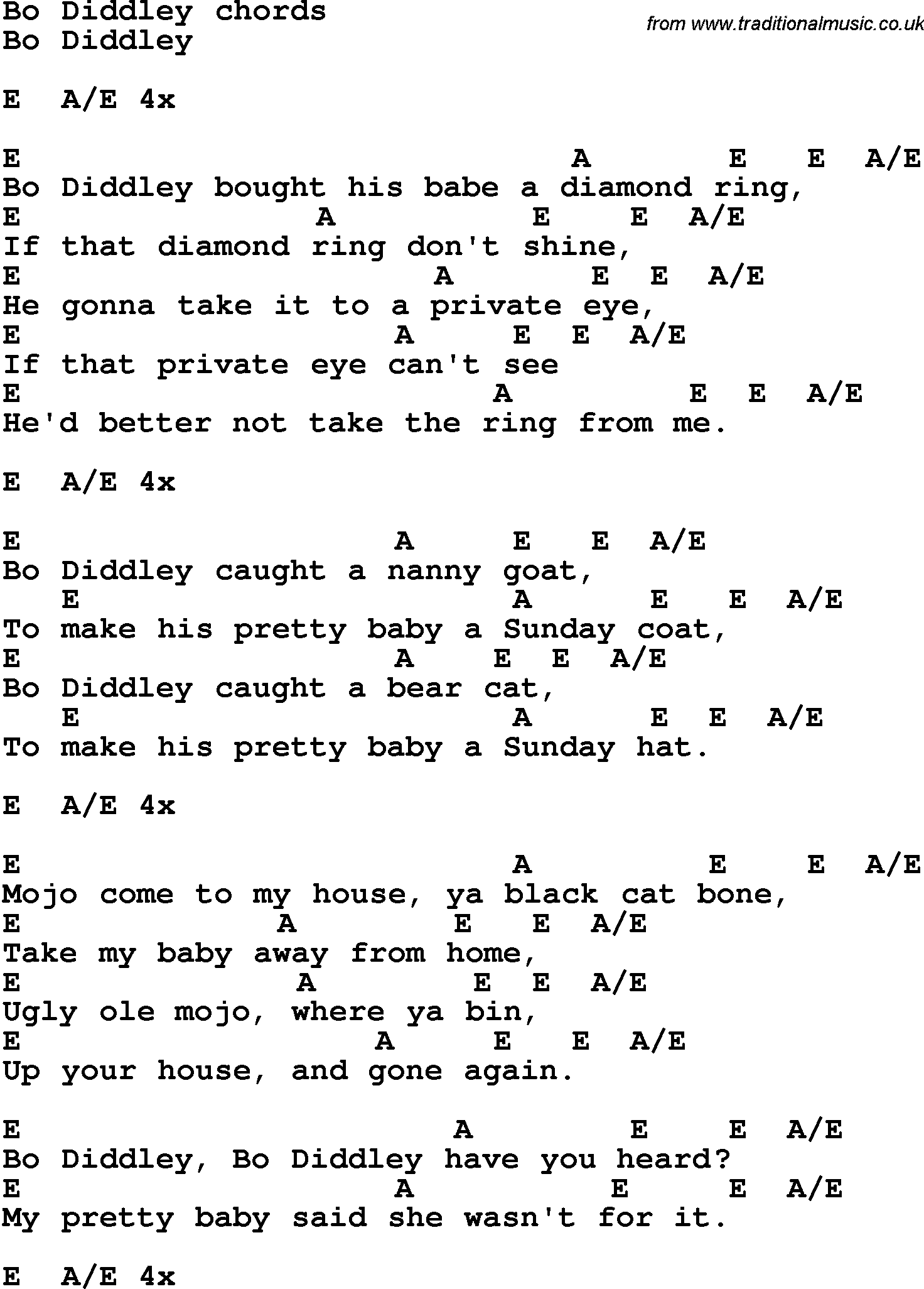 Song Lyrics with guitar chords for Bo Diddley